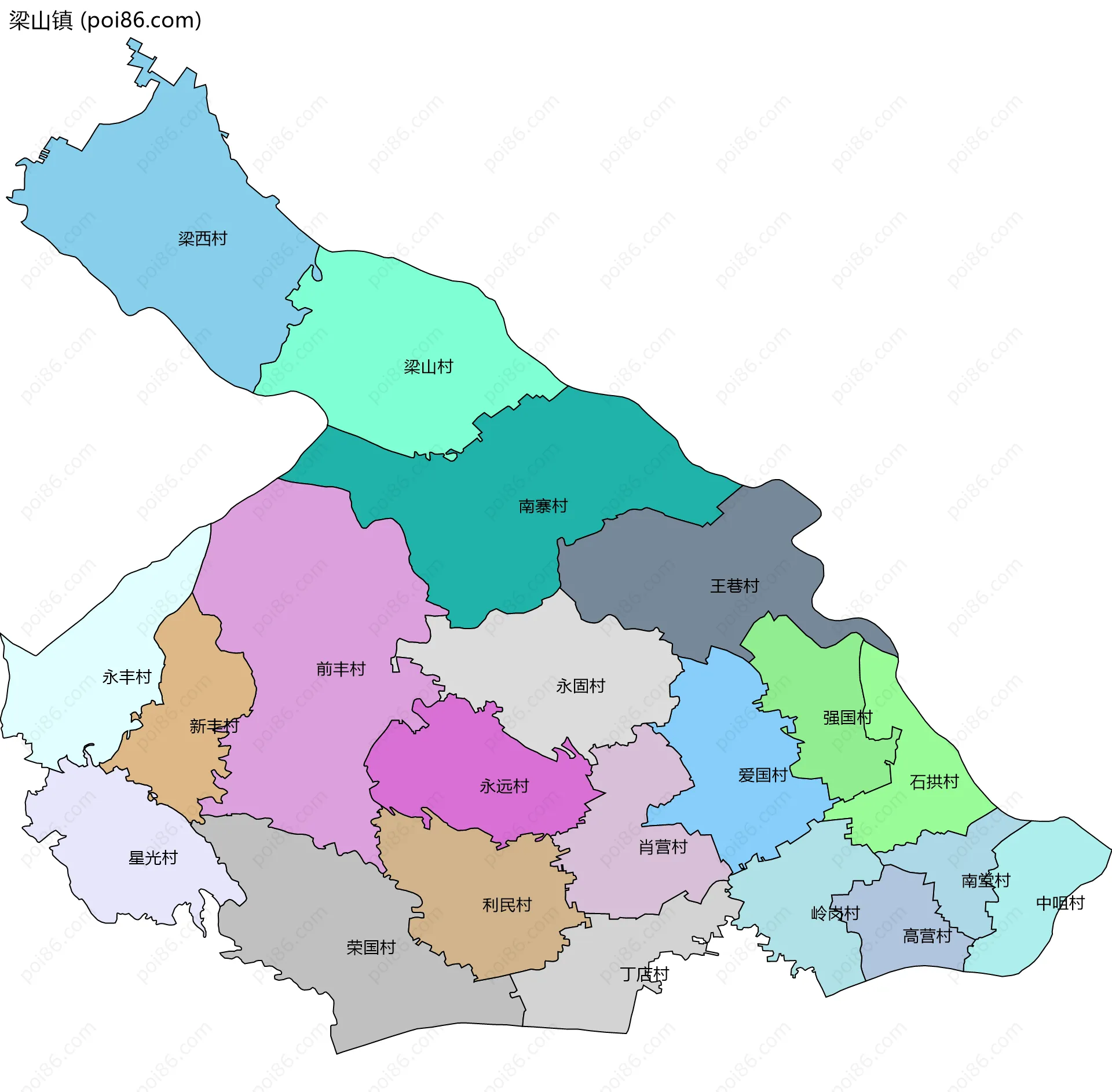 梁山镇边界地图(五级行政区划)