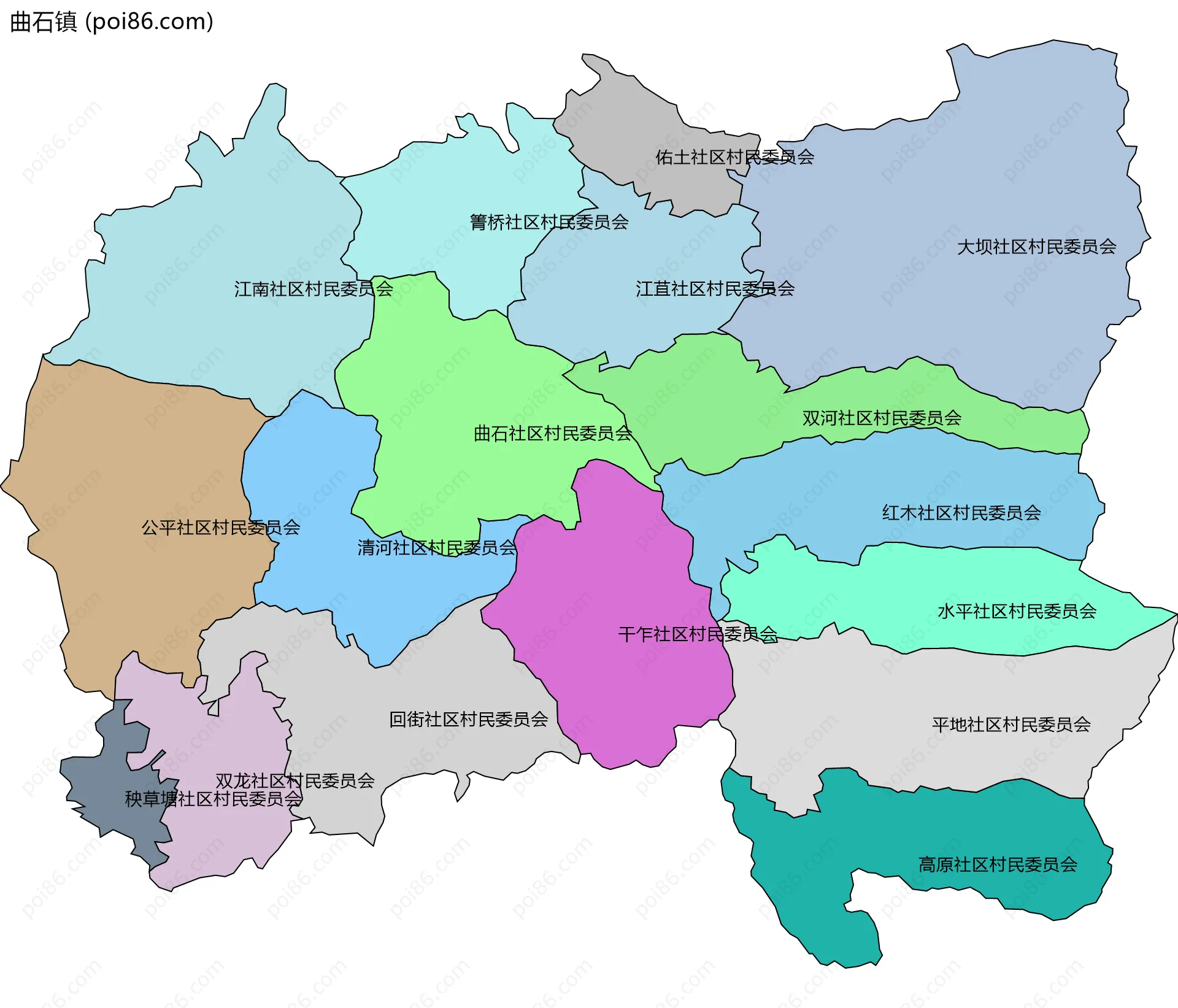 曲石镇边界地图(五级行政区划)