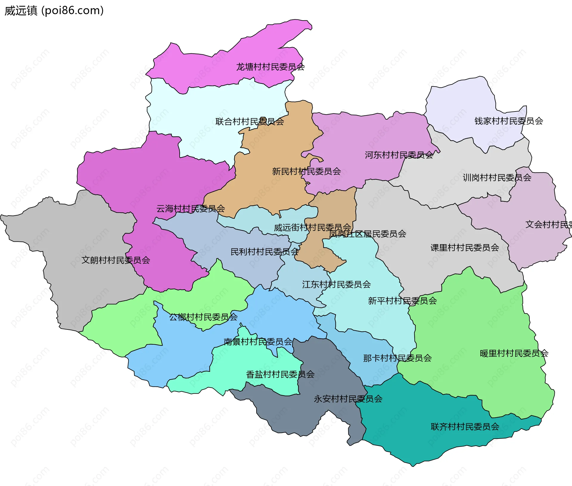 威远镇边界地图(五级行政区划)