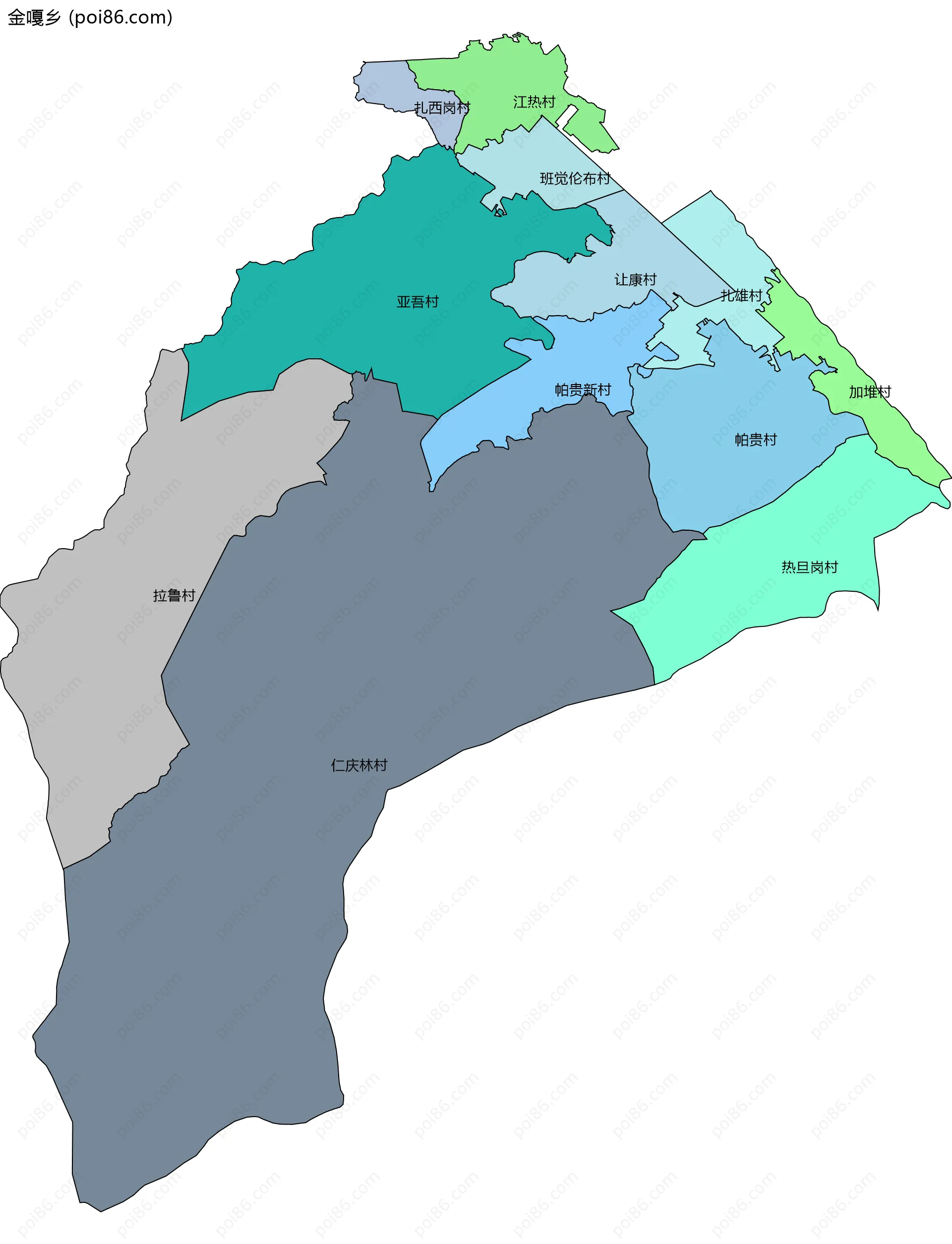 金嘎乡边界地图(五级行政区划)