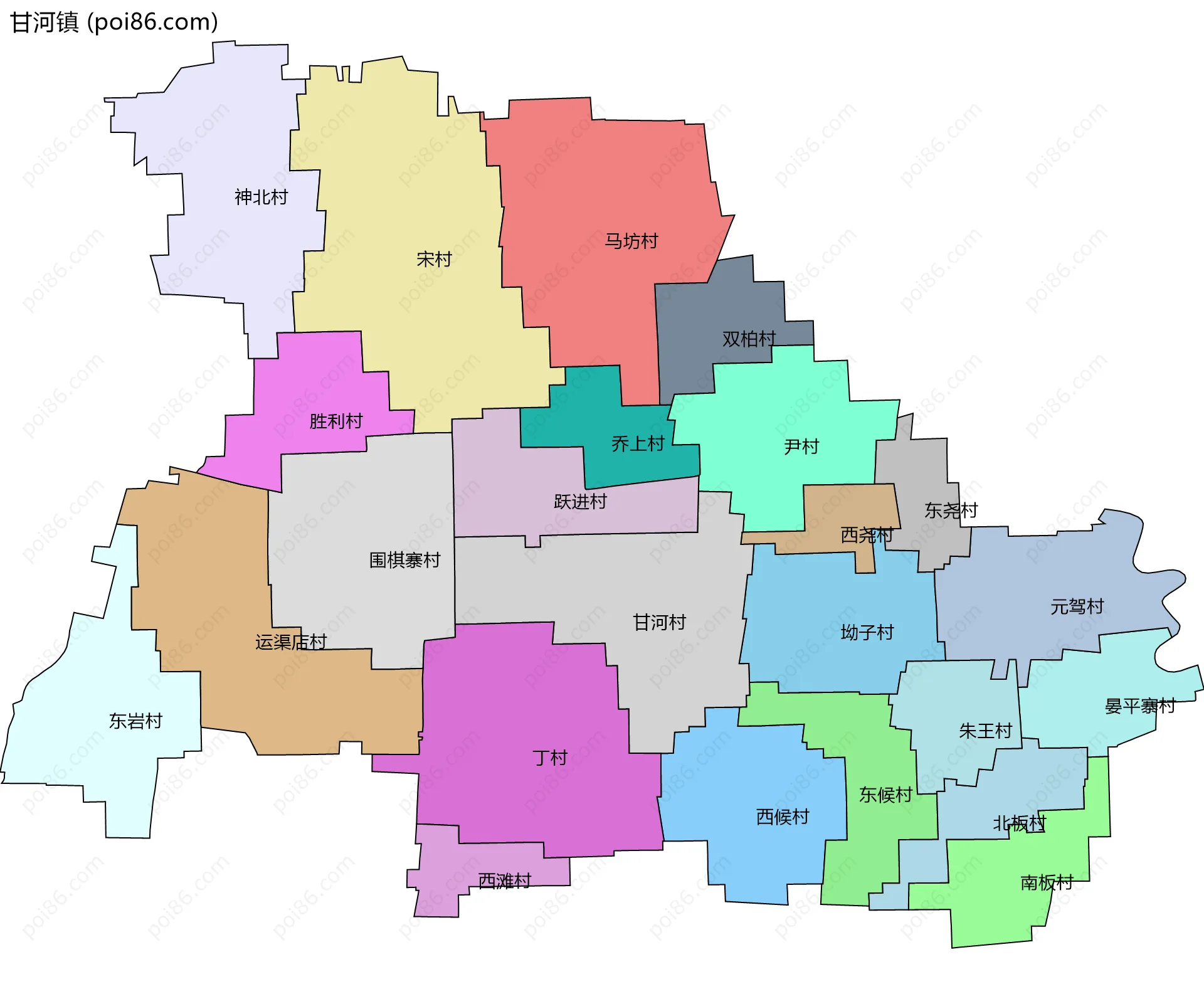 甘河镇边界地图(五级行政区划)
