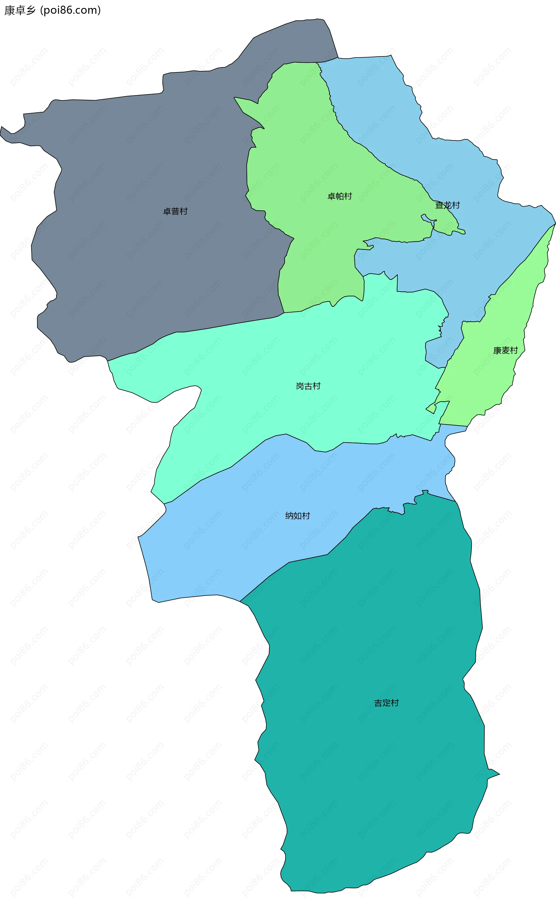 康卓乡边界地图(五级行政区划)