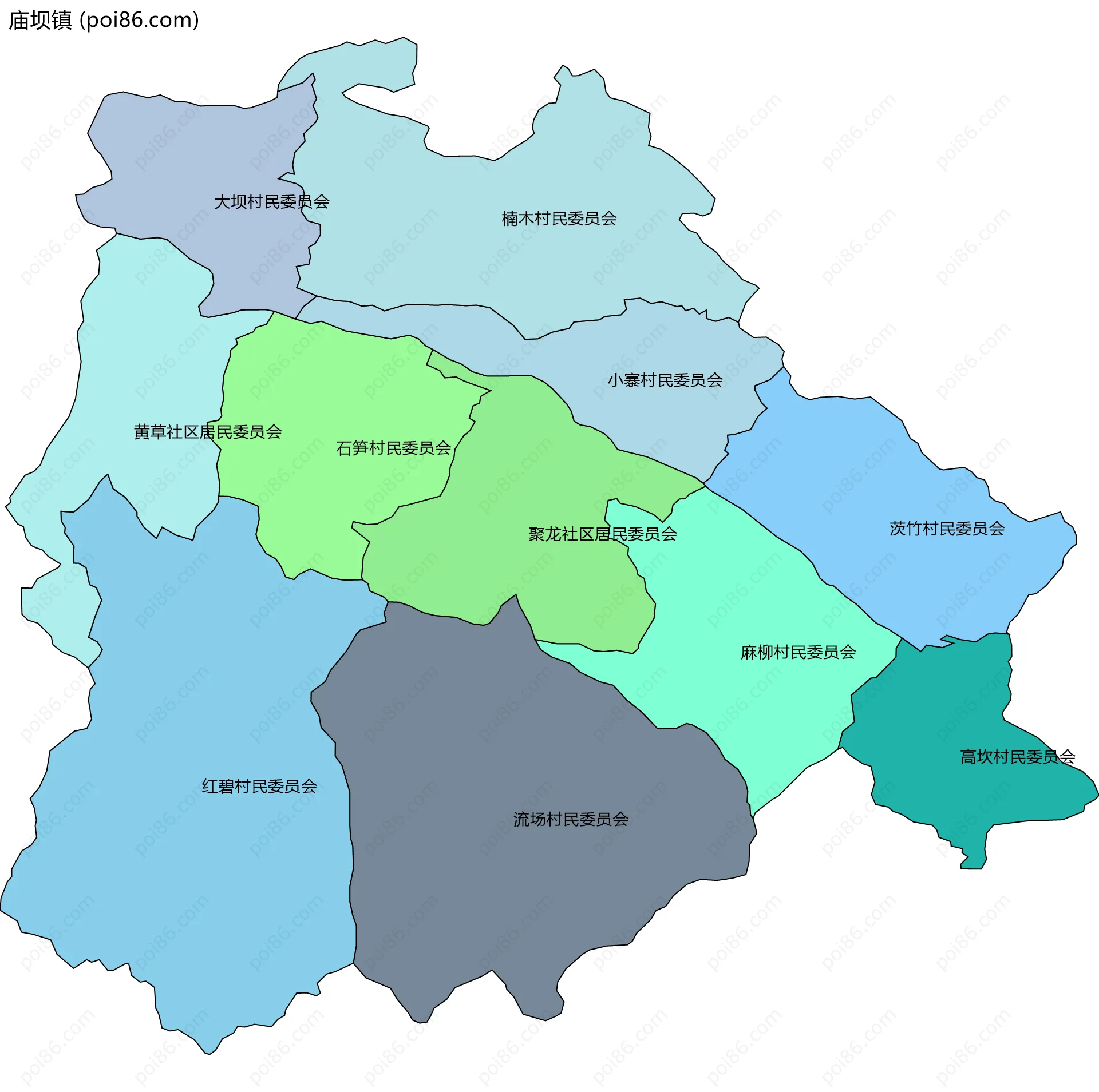 庙坝镇边界地图(五级行政区划)