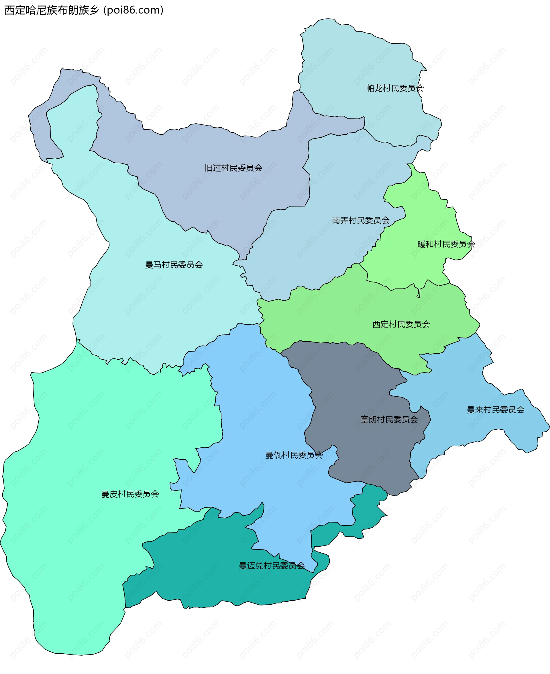 西定哈尼族布朗族乡边界地图(五级行政区划)
