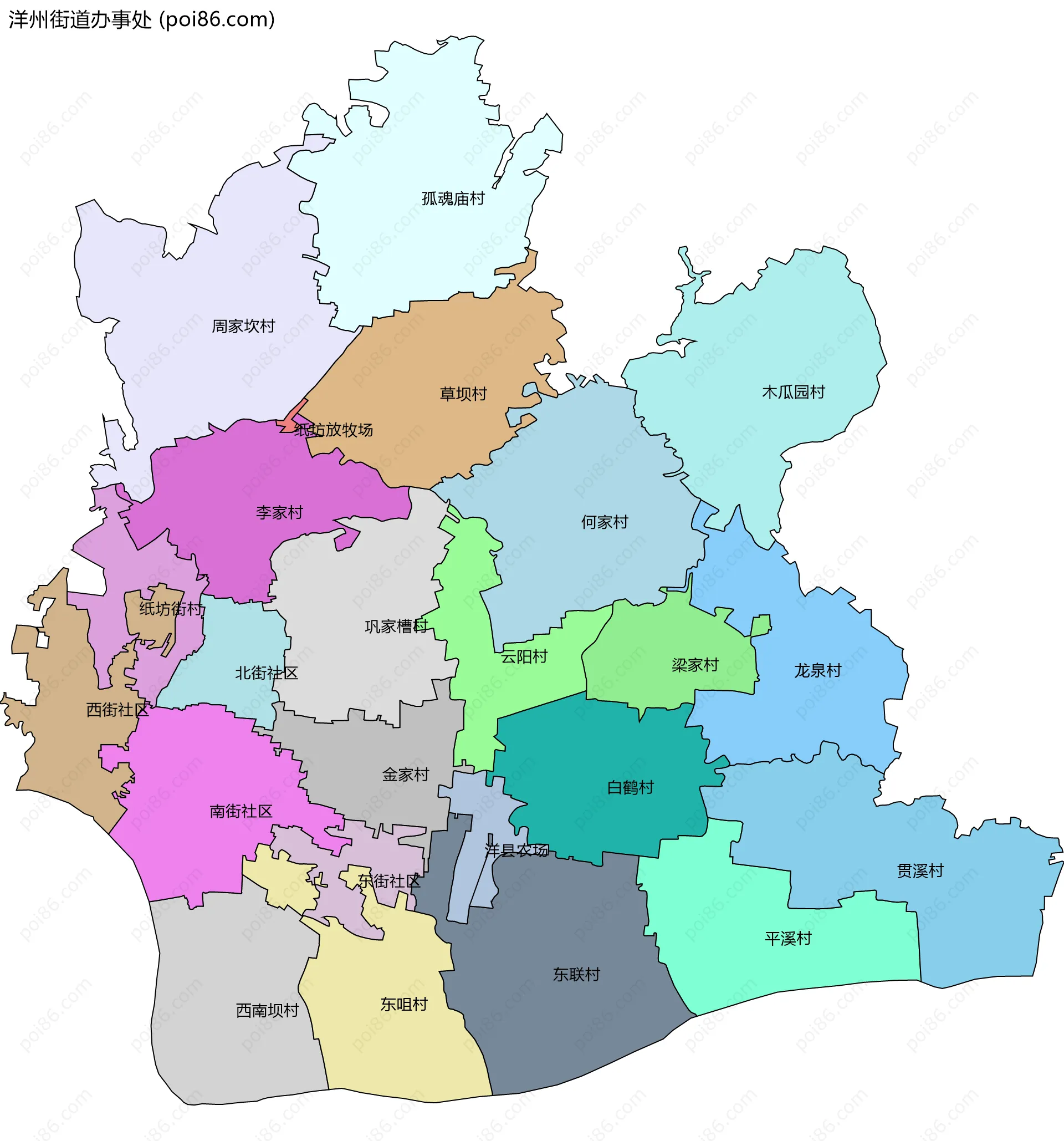 洋州街道办事处边界地图(五级行政区划)