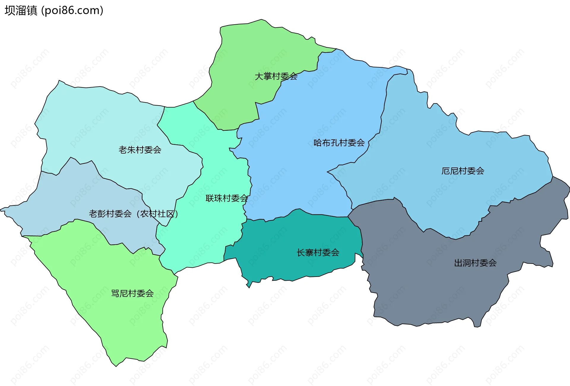 坝溜镇边界地图(五级行政区划)