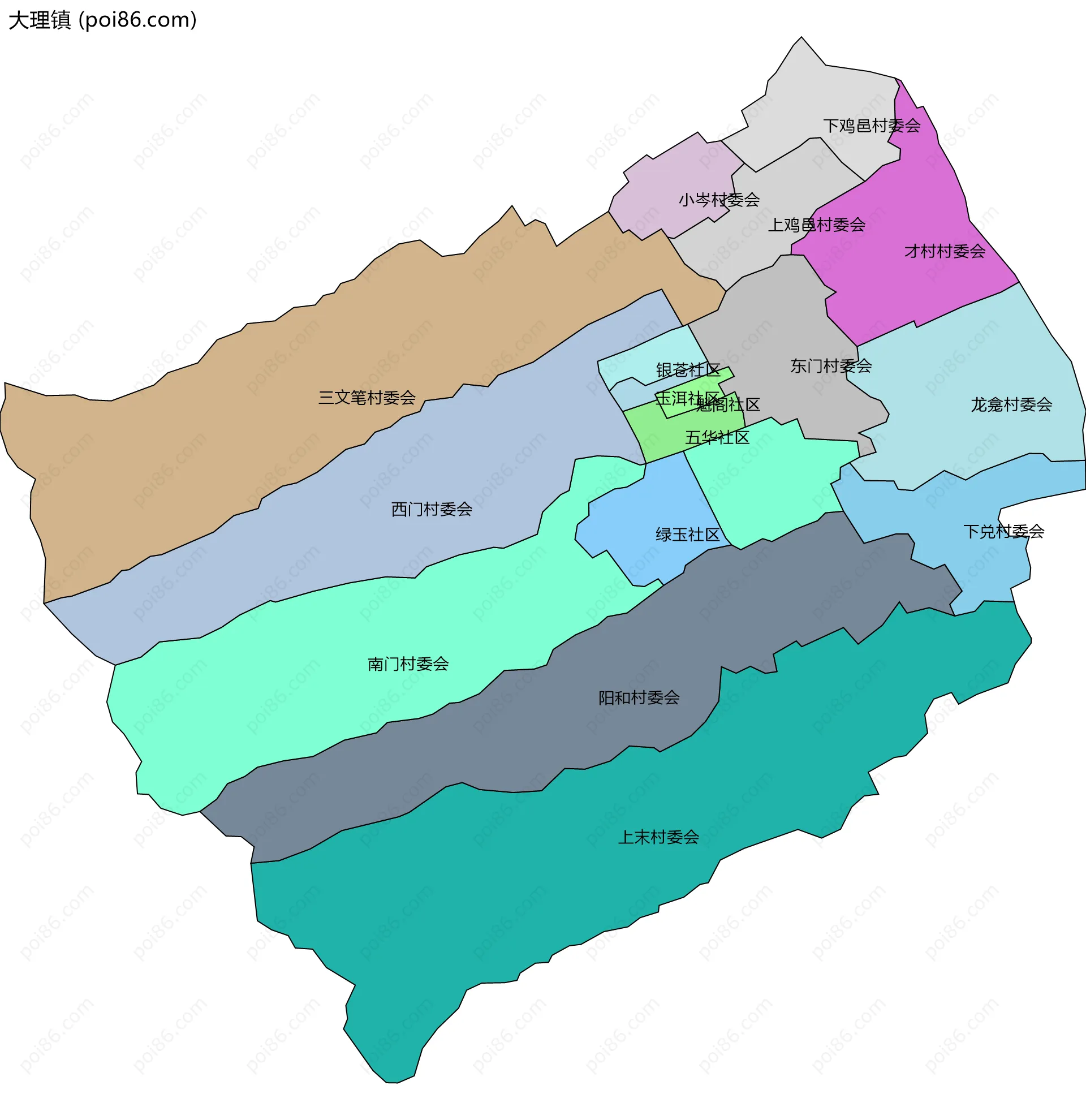 大理镇边界地图(五级行政区划)