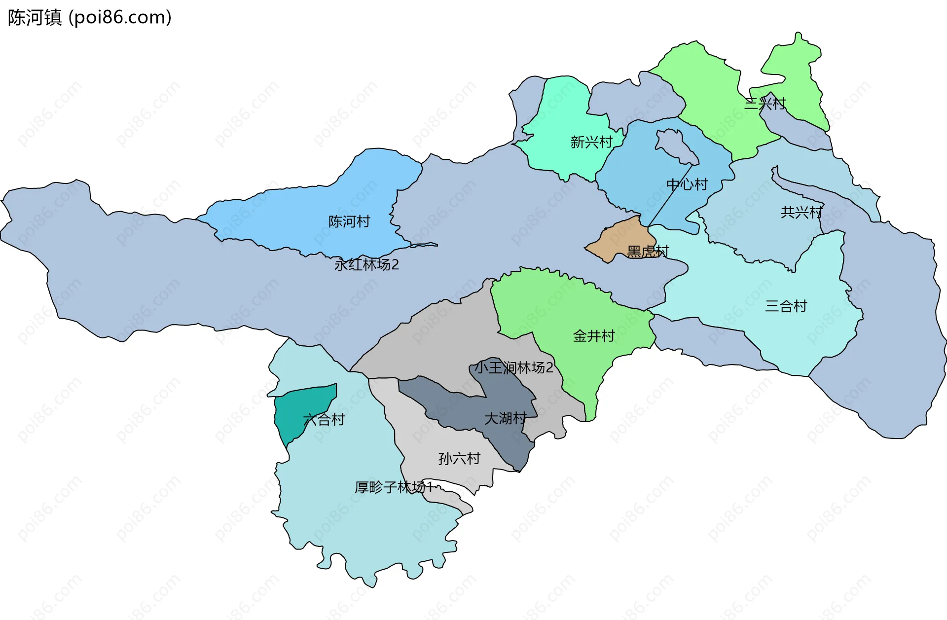 陈河镇边界地图(五级行政区划)