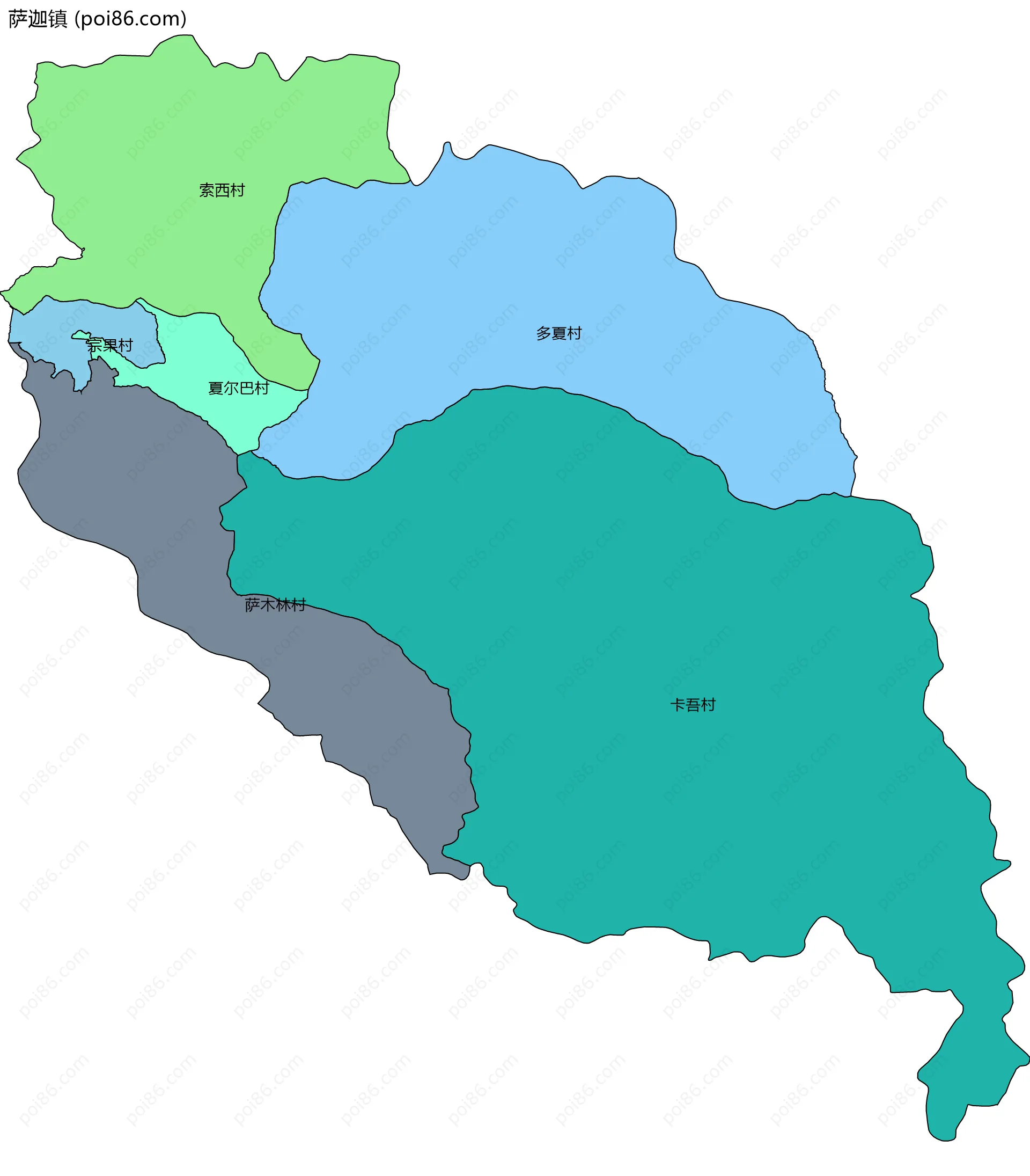 萨迦镇边界地图(五级行政区划)