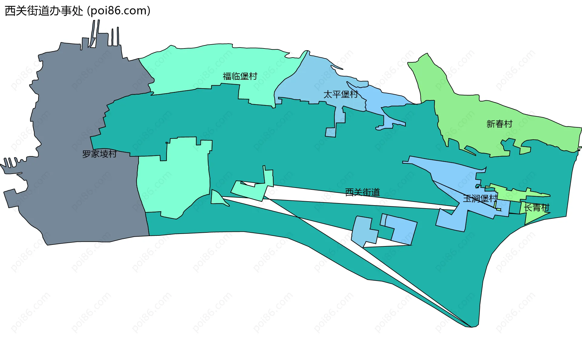 西关街道办事处边界地图(五级行政区划)
