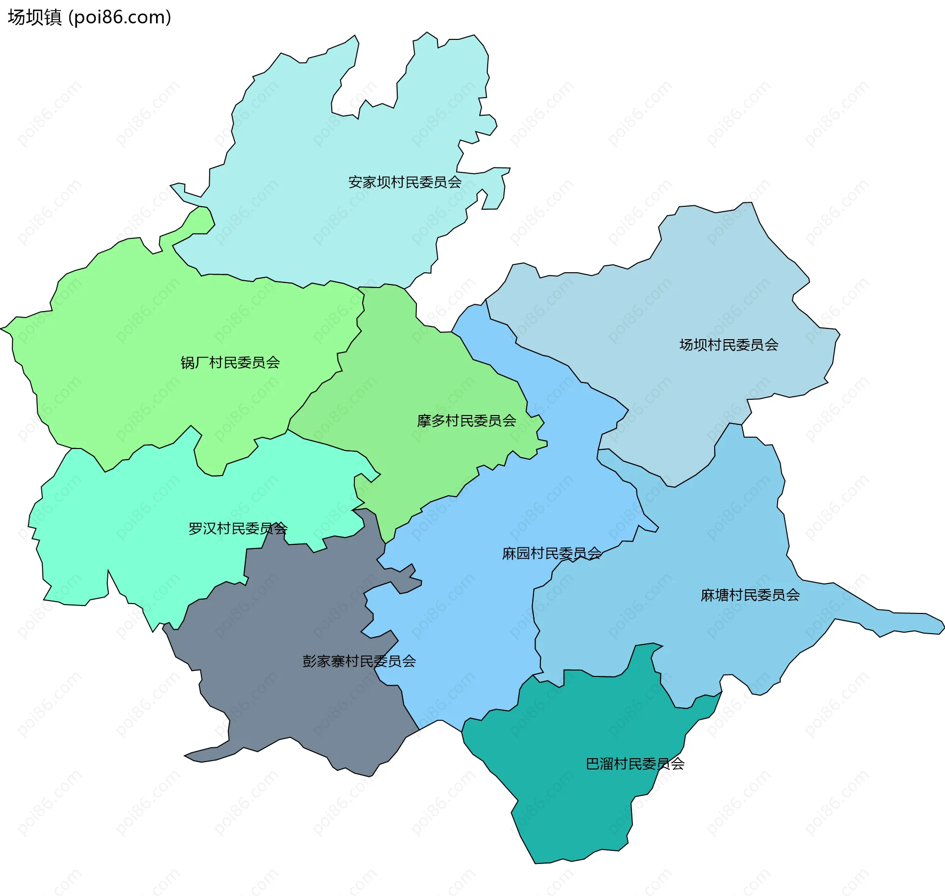 场坝镇边界地图(五级行政区划)