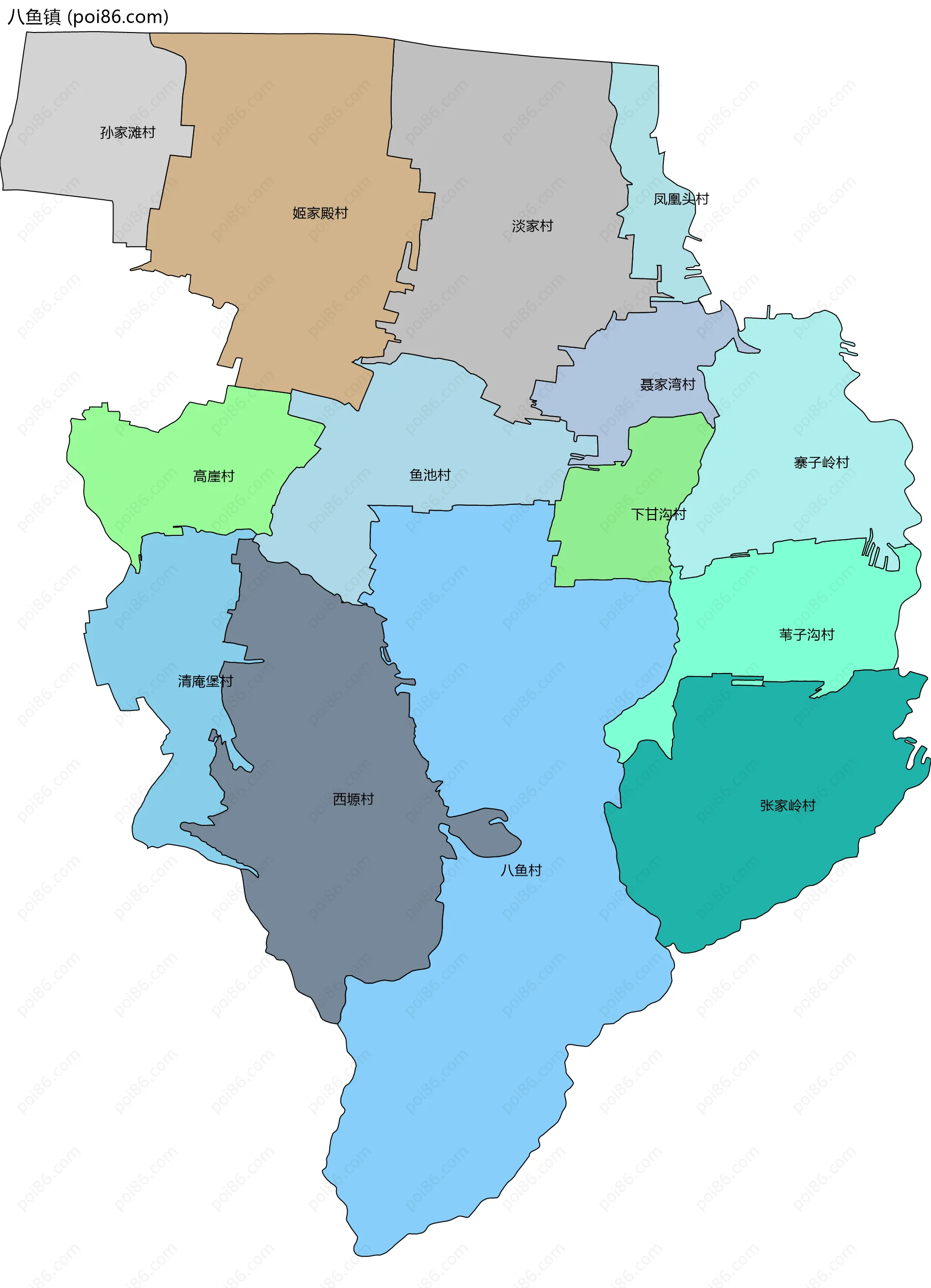 八鱼镇边界地图(五级行政区划)