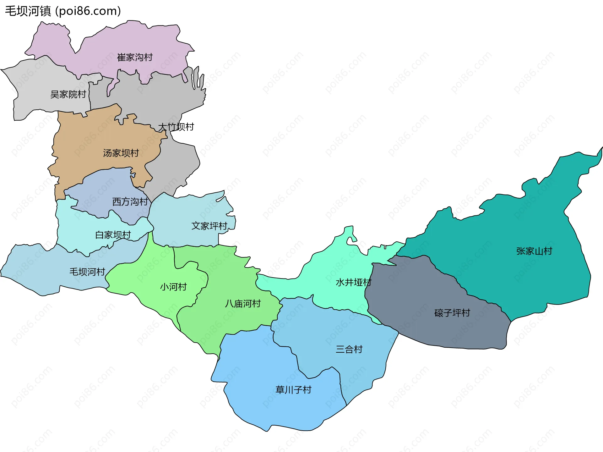 毛坝河镇边界地图(五级行政区划)