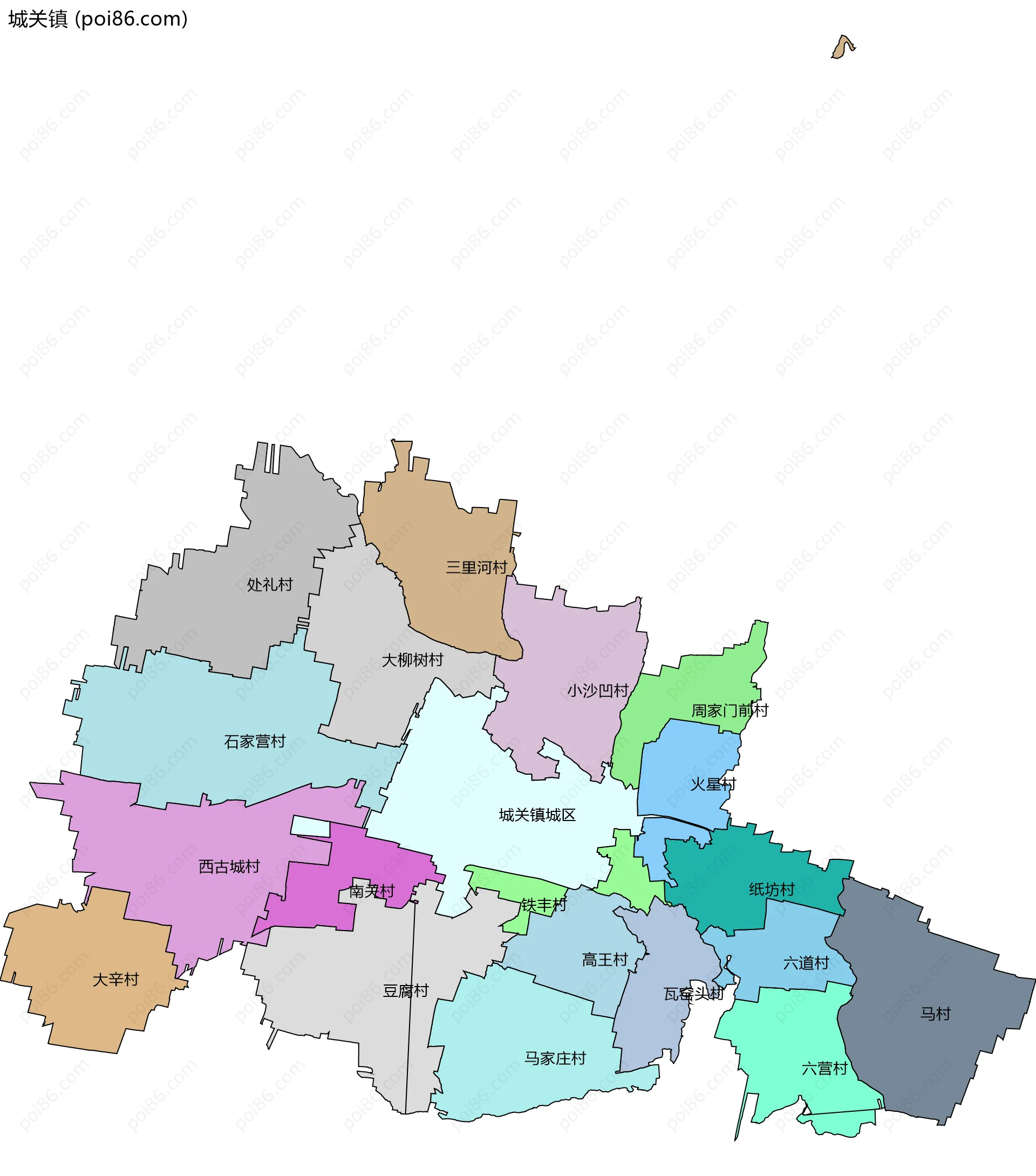 城关镇边界地图(五级行政区划)