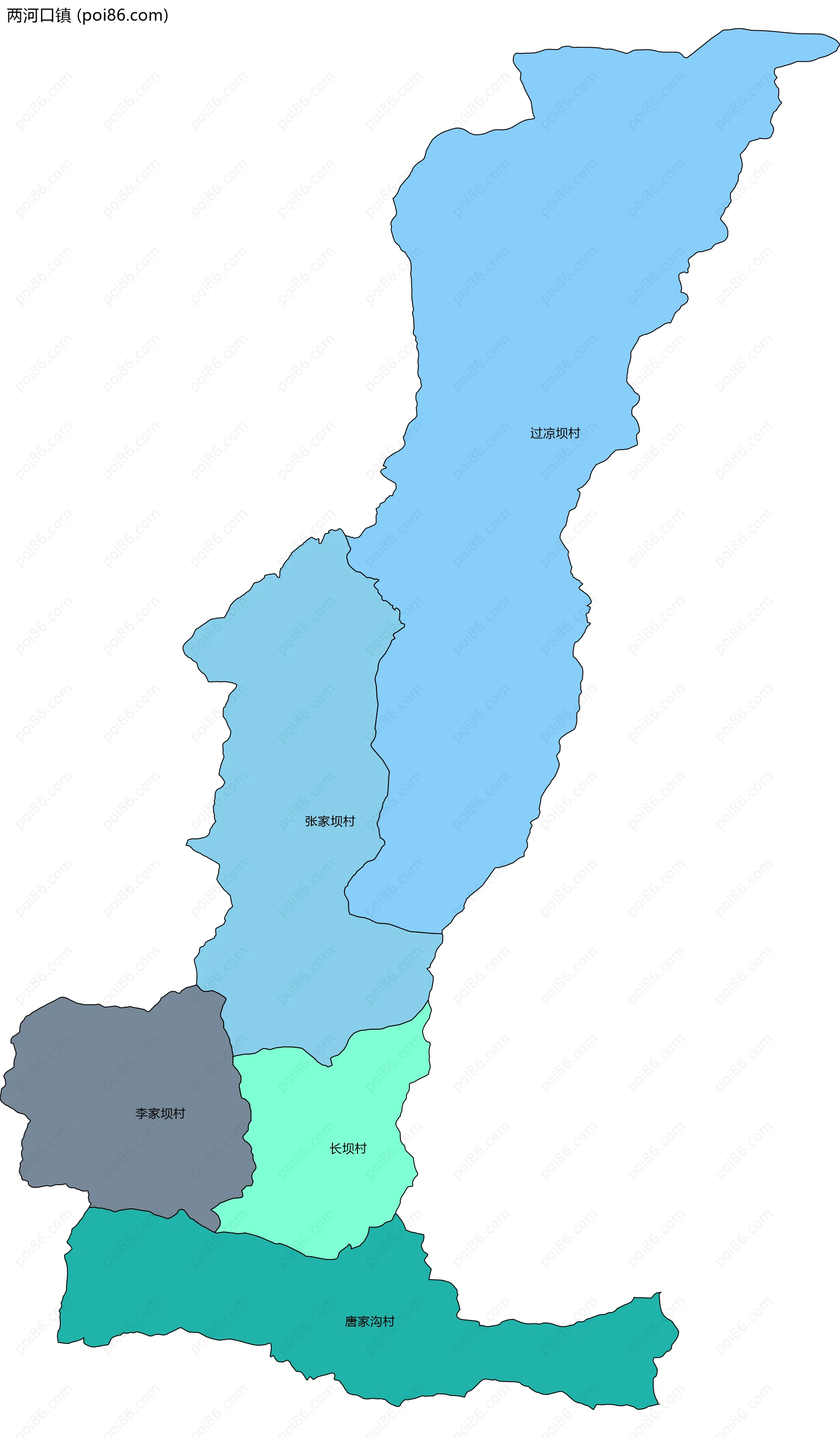 两河口镇边界地图(五级行政区划)