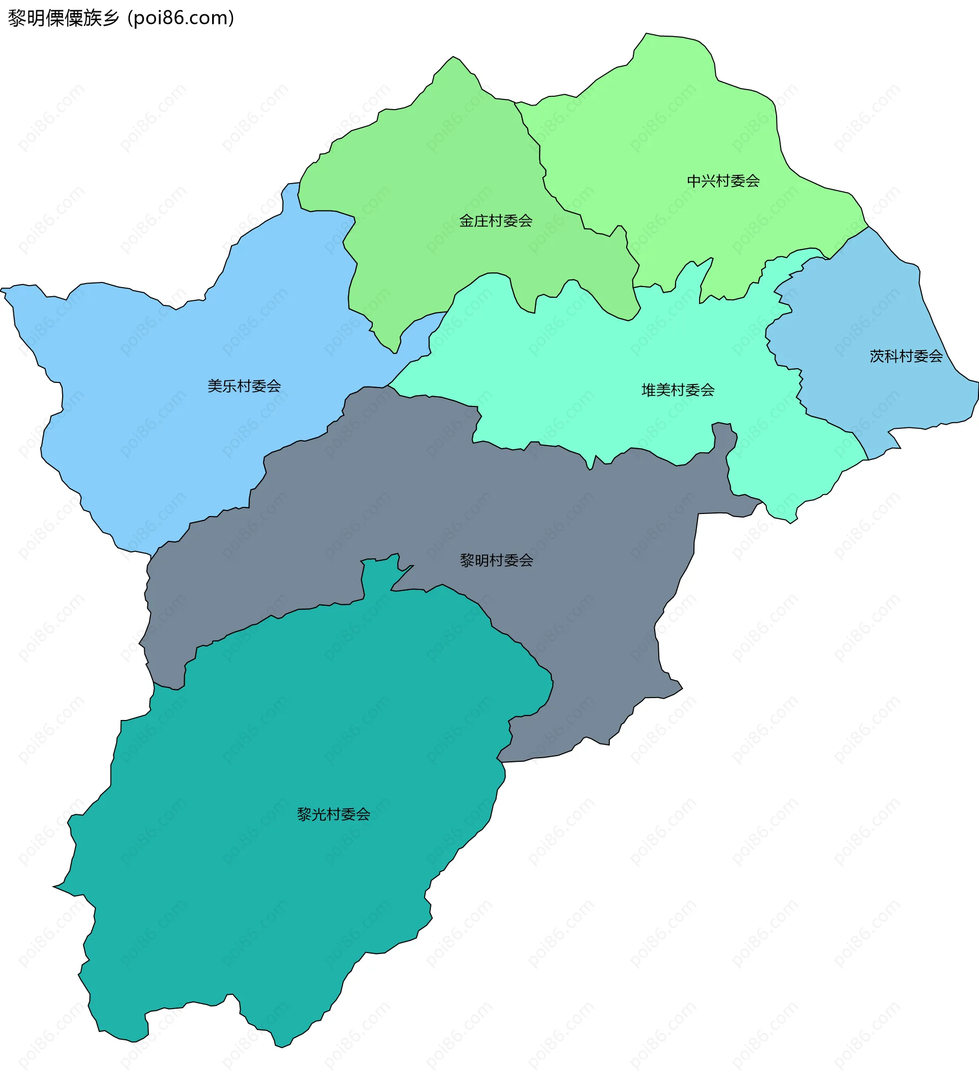 黎明傈僳族乡边界地图(五级行政区划)