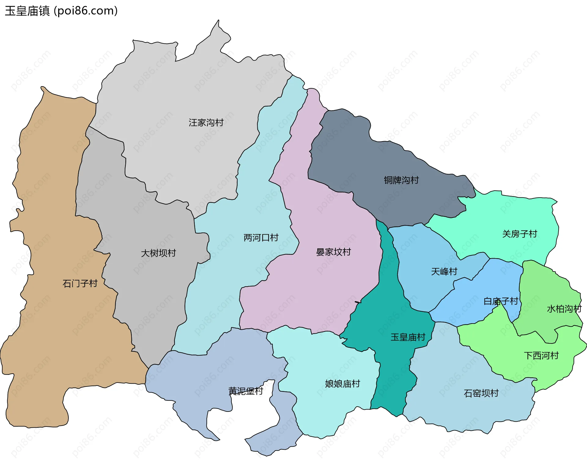 玉皇庙镇边界地图(五级行政区划)