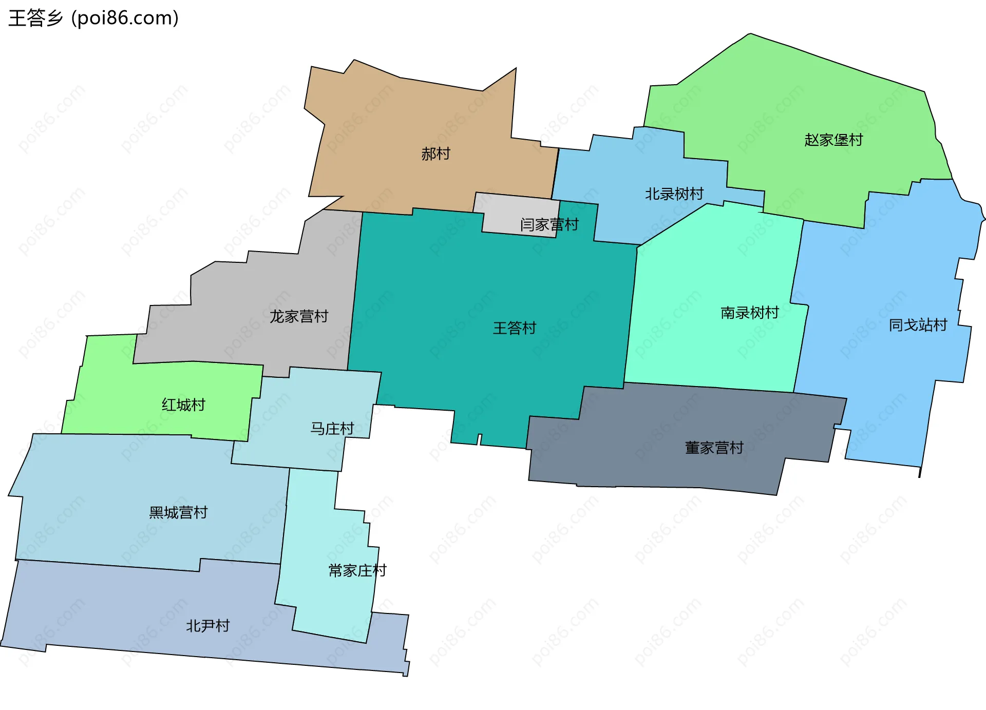 王答乡边界地图(五级行政区划)