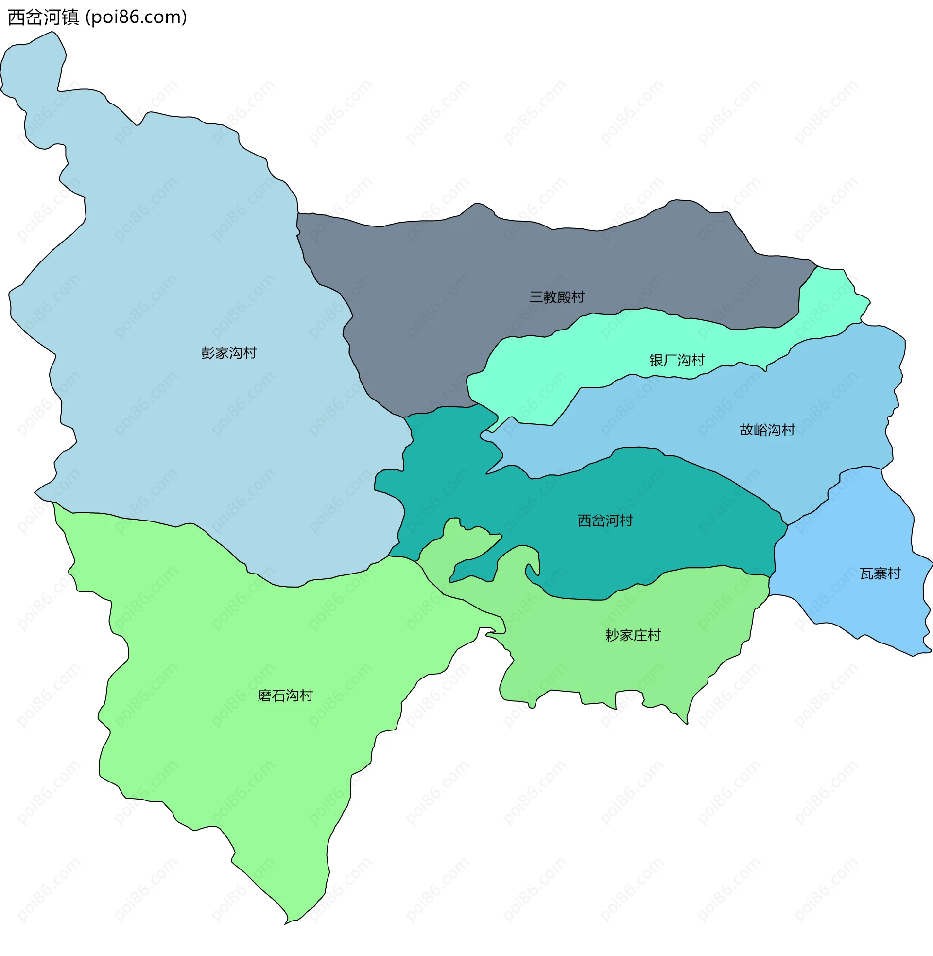 西岔河镇边界地图(五级行政区划)