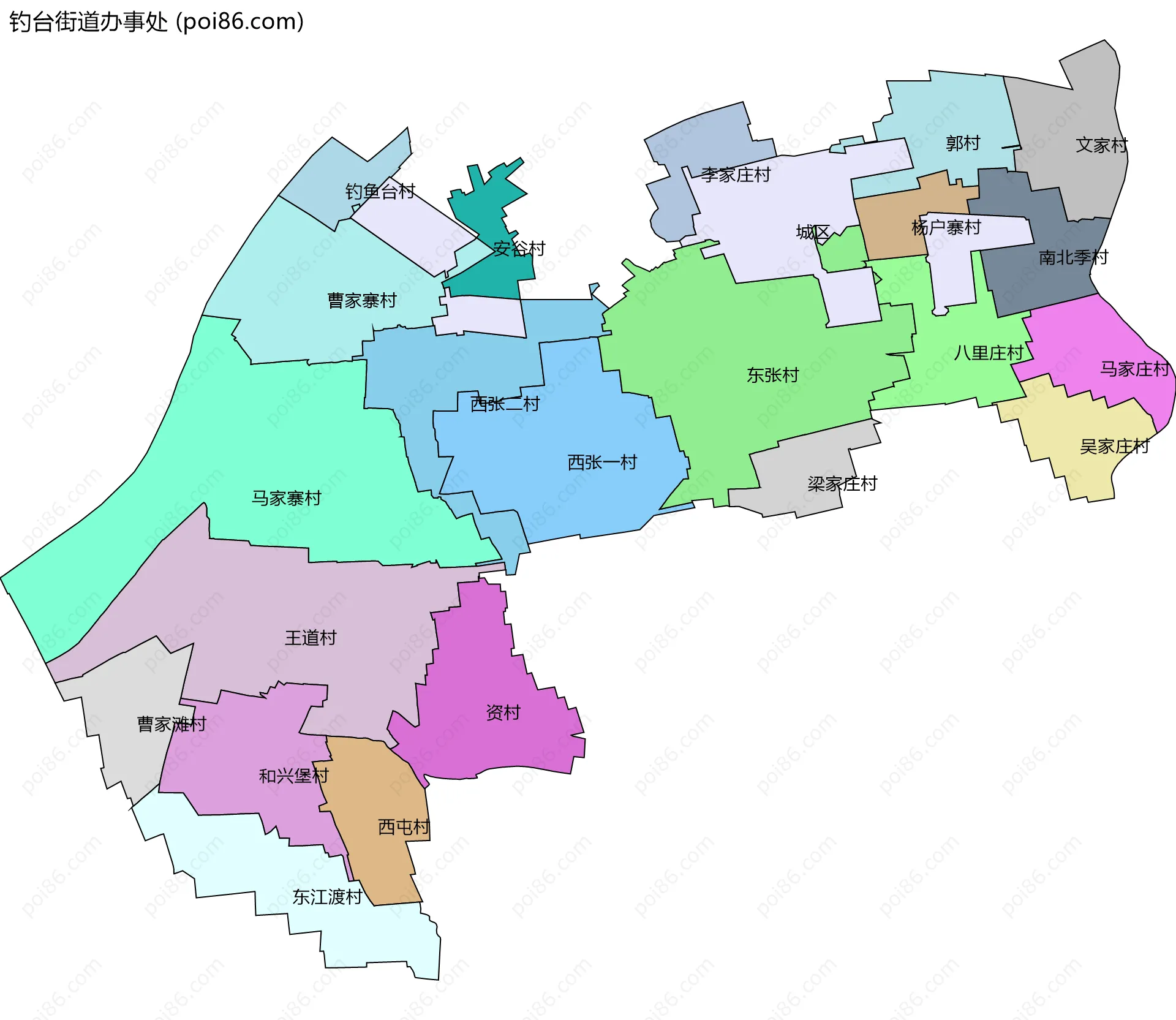 钓台街道办事处边界地图(五级行政区划)