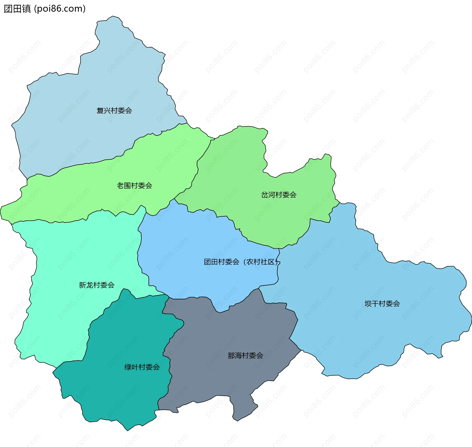 团田镇边界地图(五级行政区划)