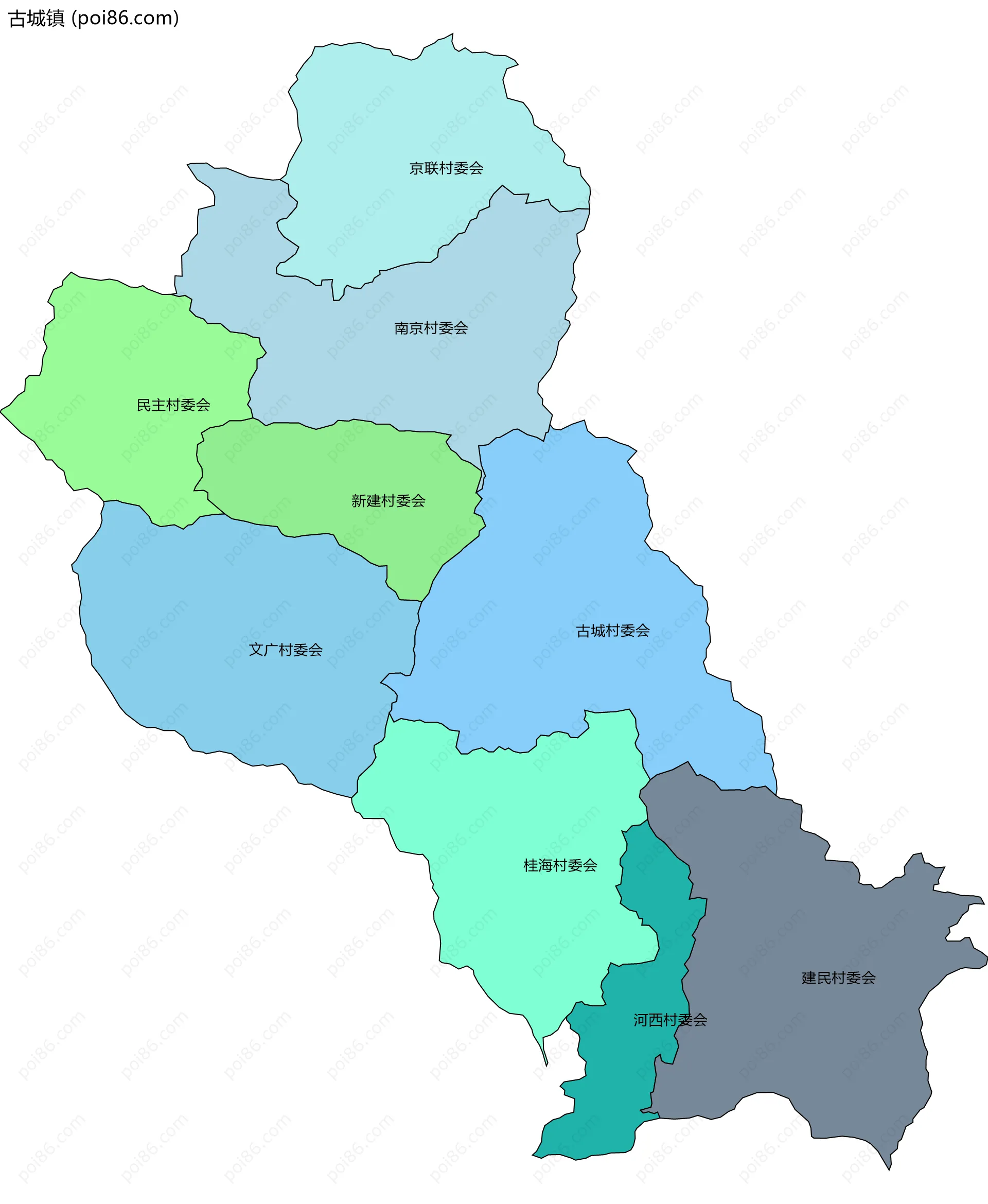 古城镇边界地图(五级行政区划)