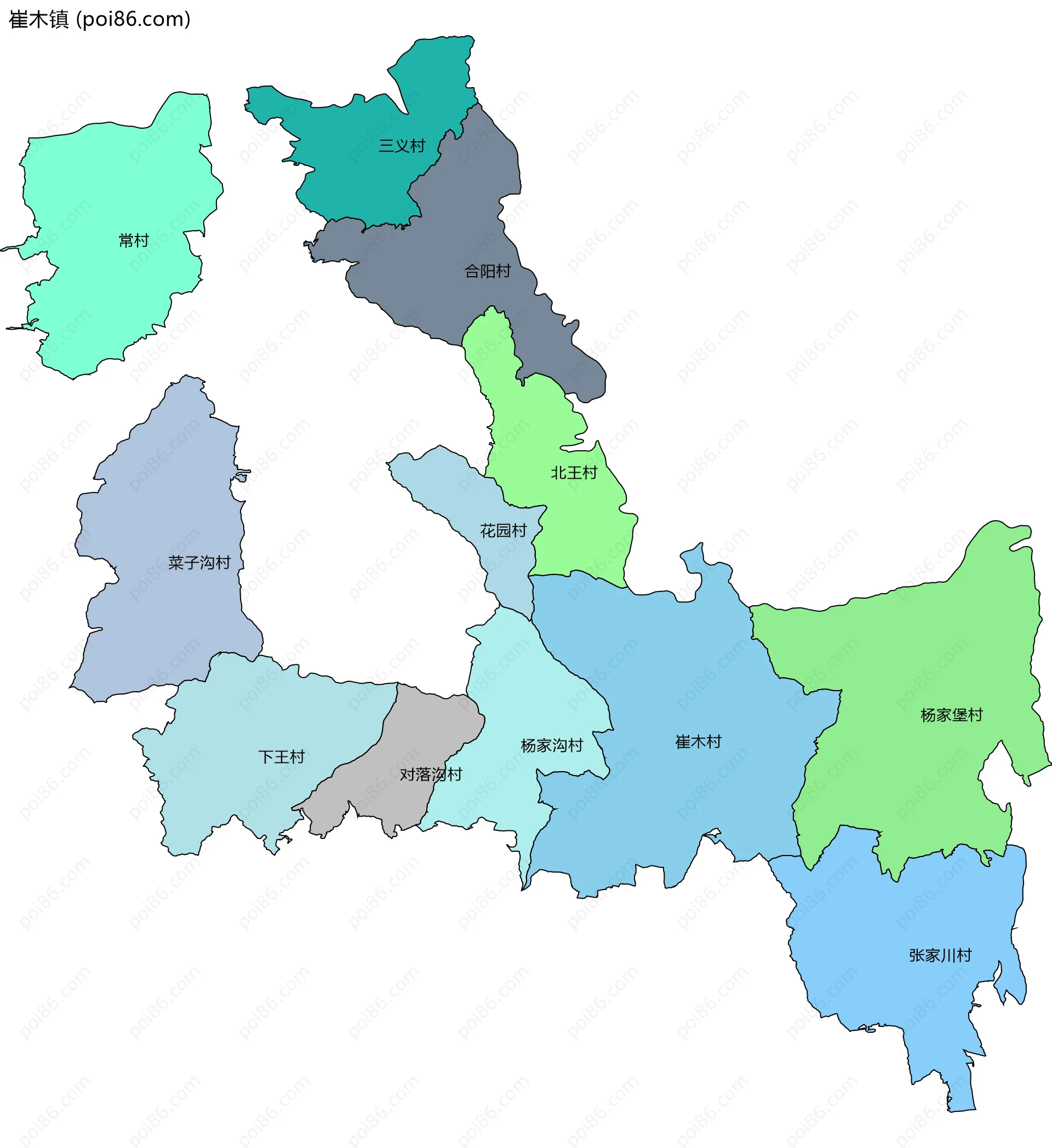 崔木镇边界地图(五级行政区划)
