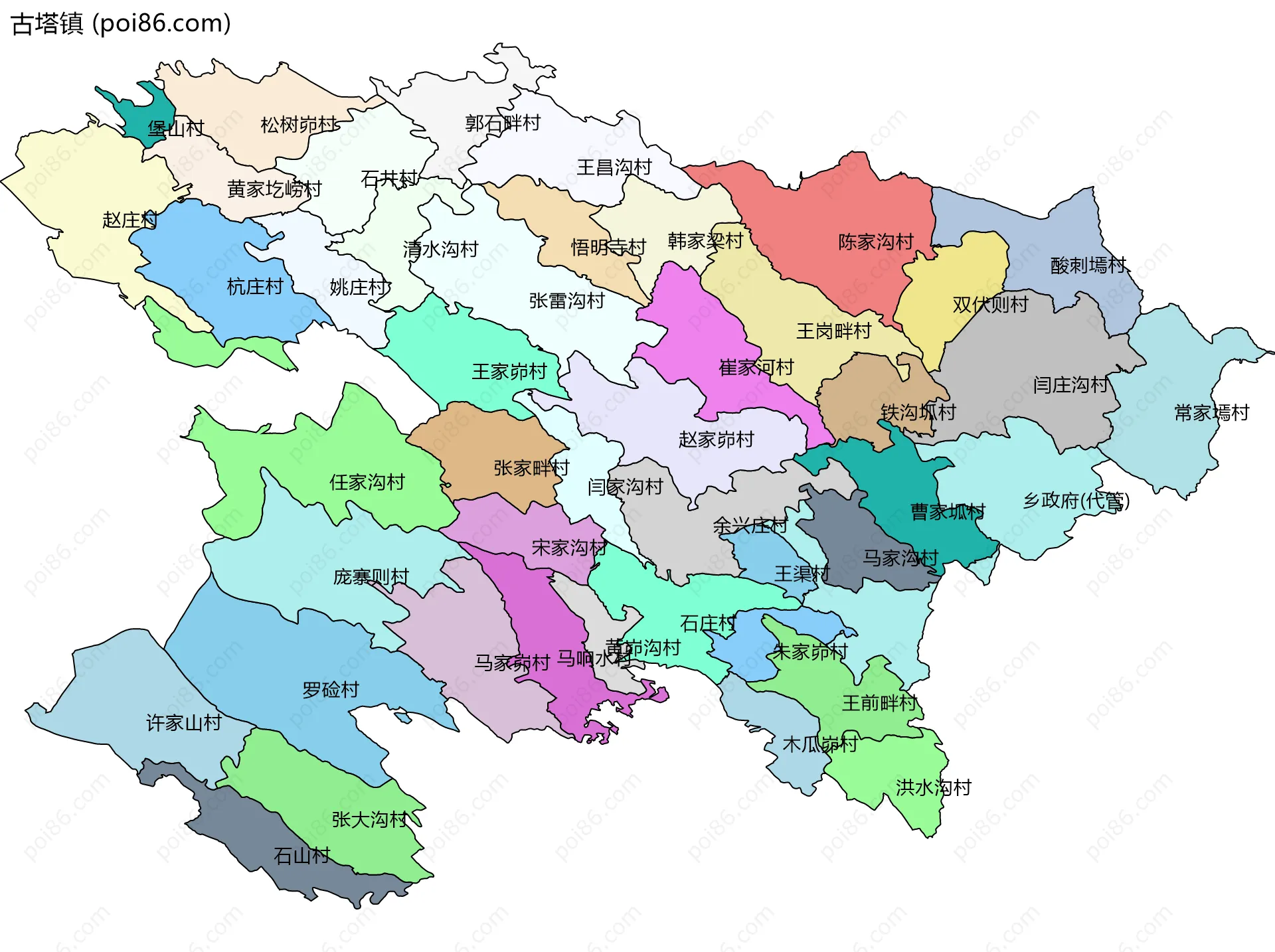 古塔镇边界地图(五级行政区划)