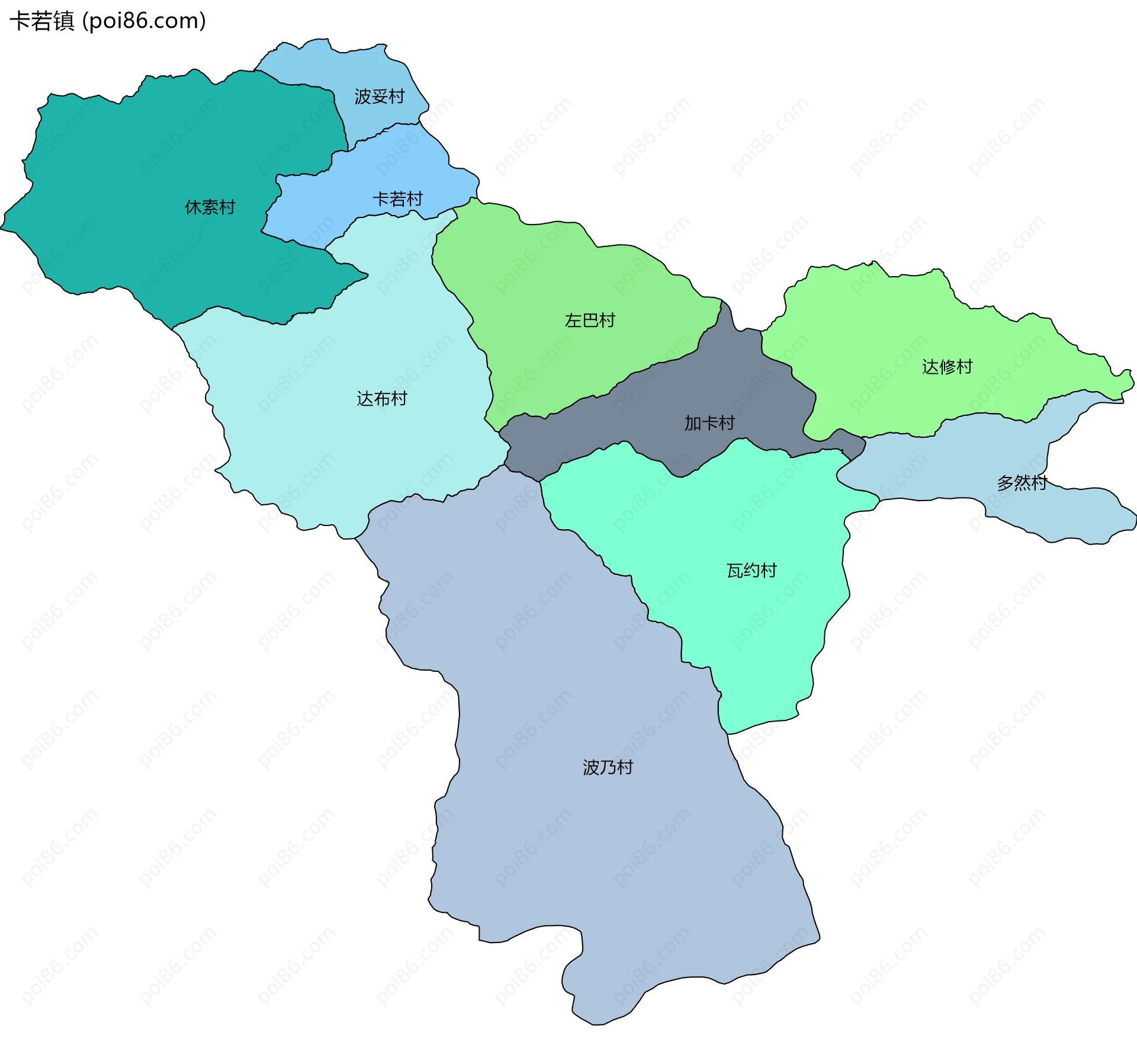 卡若镇边界地图(五级行政区划)