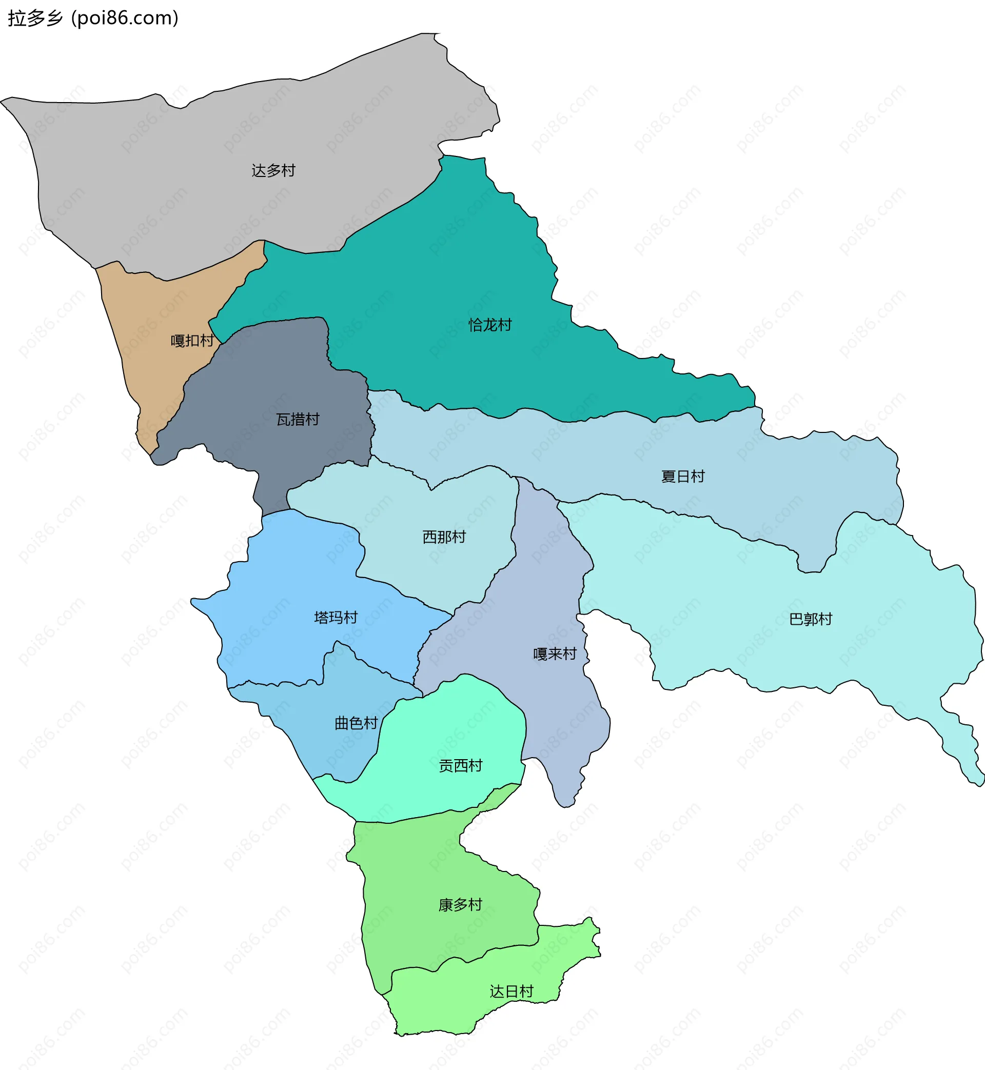 拉多乡边界地图(五级行政区划)