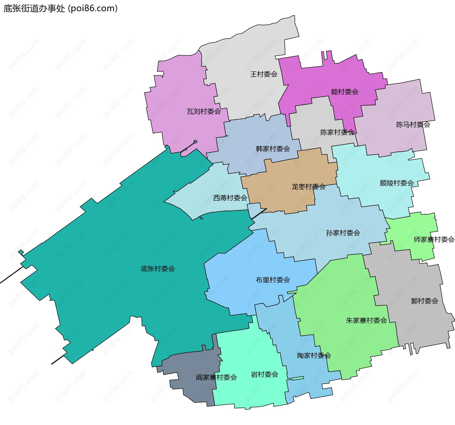 底张街道办事处边界地图(五级行政区划)