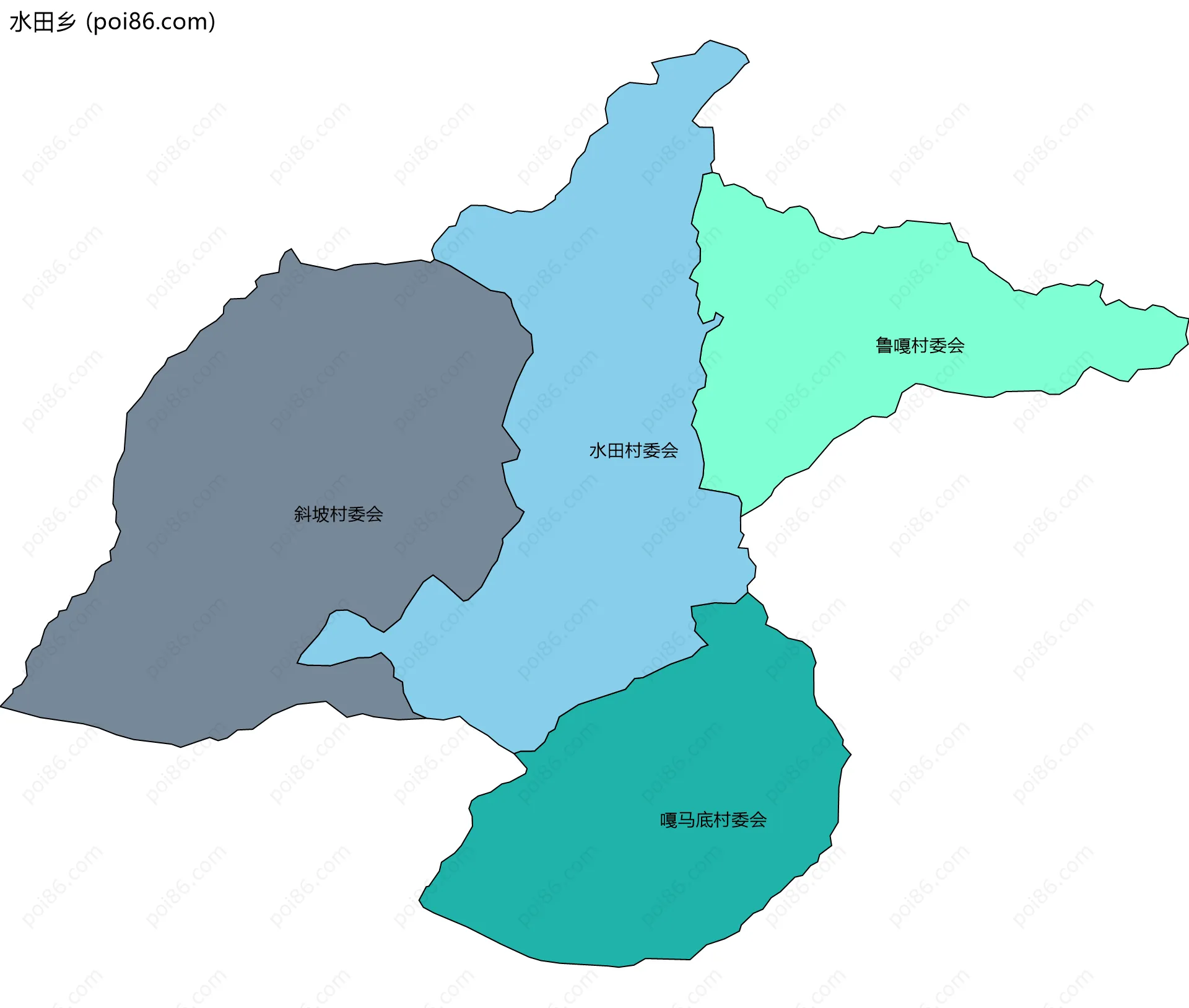 水田乡边界地图(五级行政区划)
