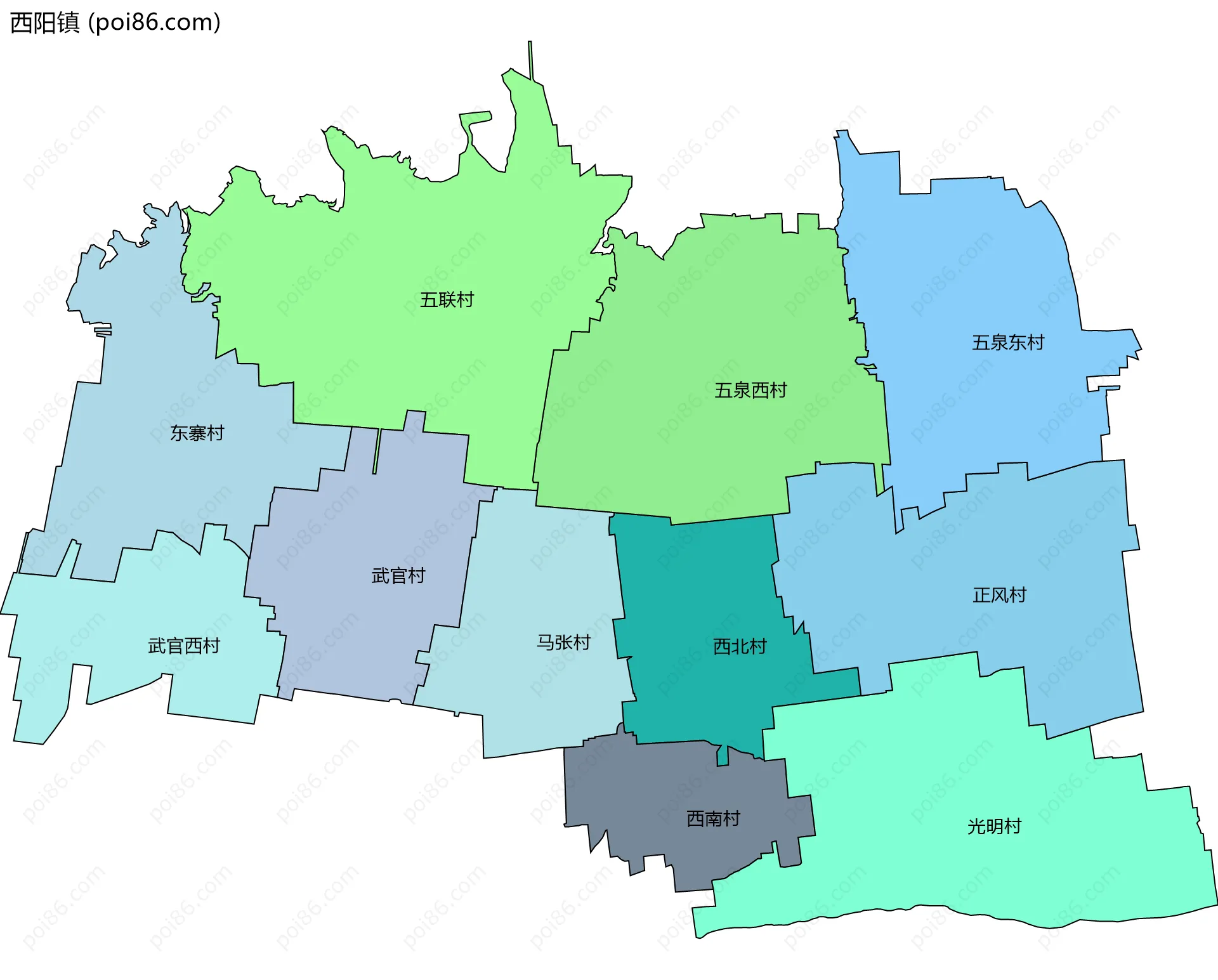 西阳镇边界地图(五级行政区划)