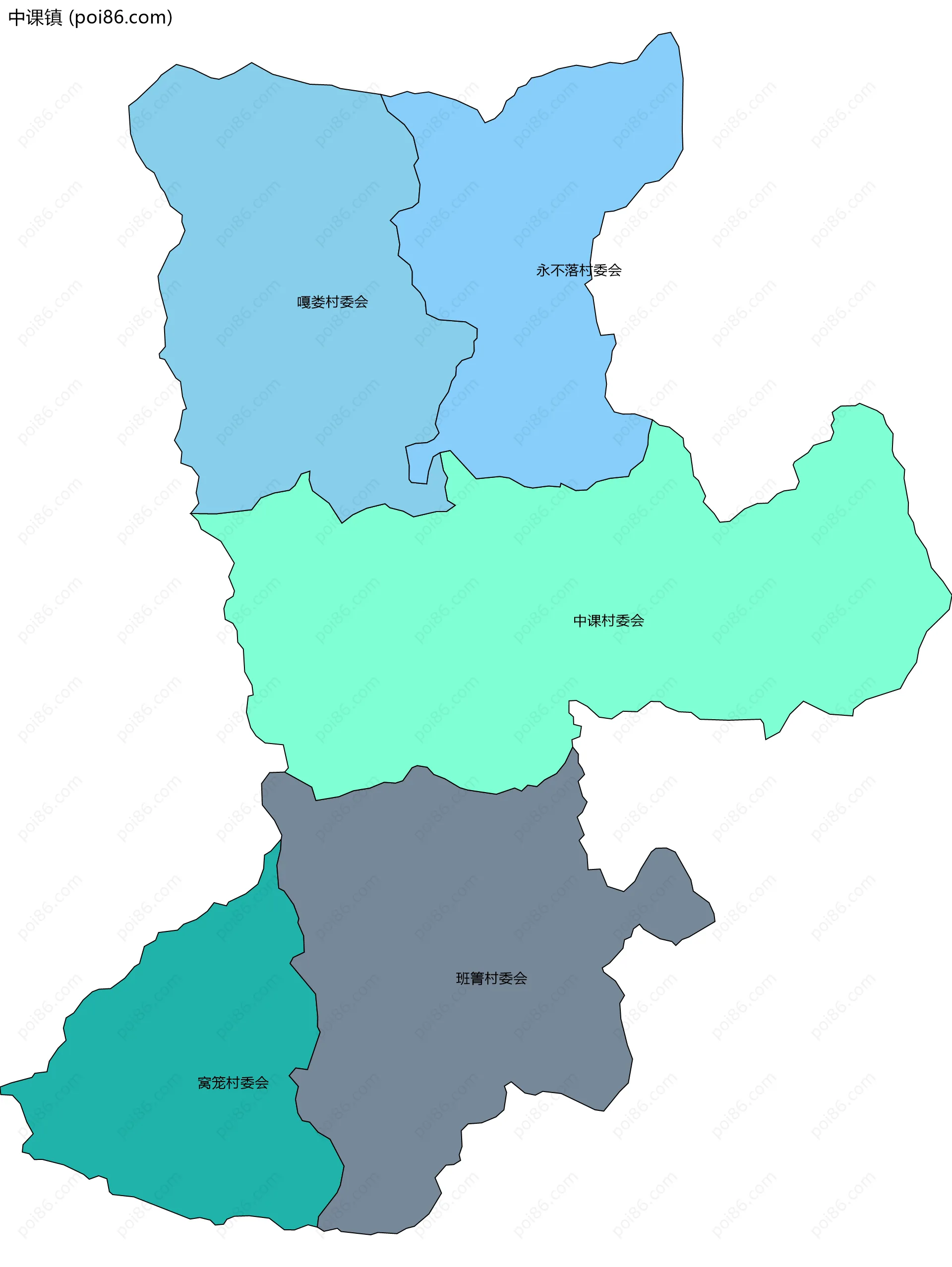 中课镇边界地图(五级行政区划)