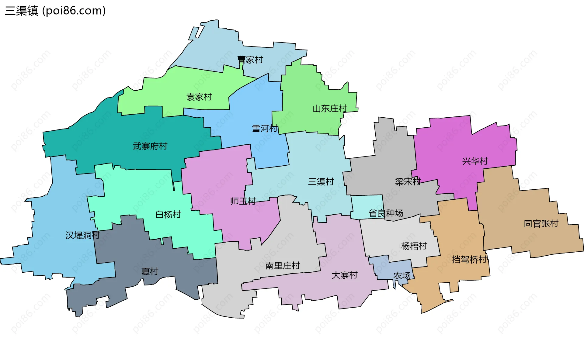 三渠镇边界地图(五级行政区划)