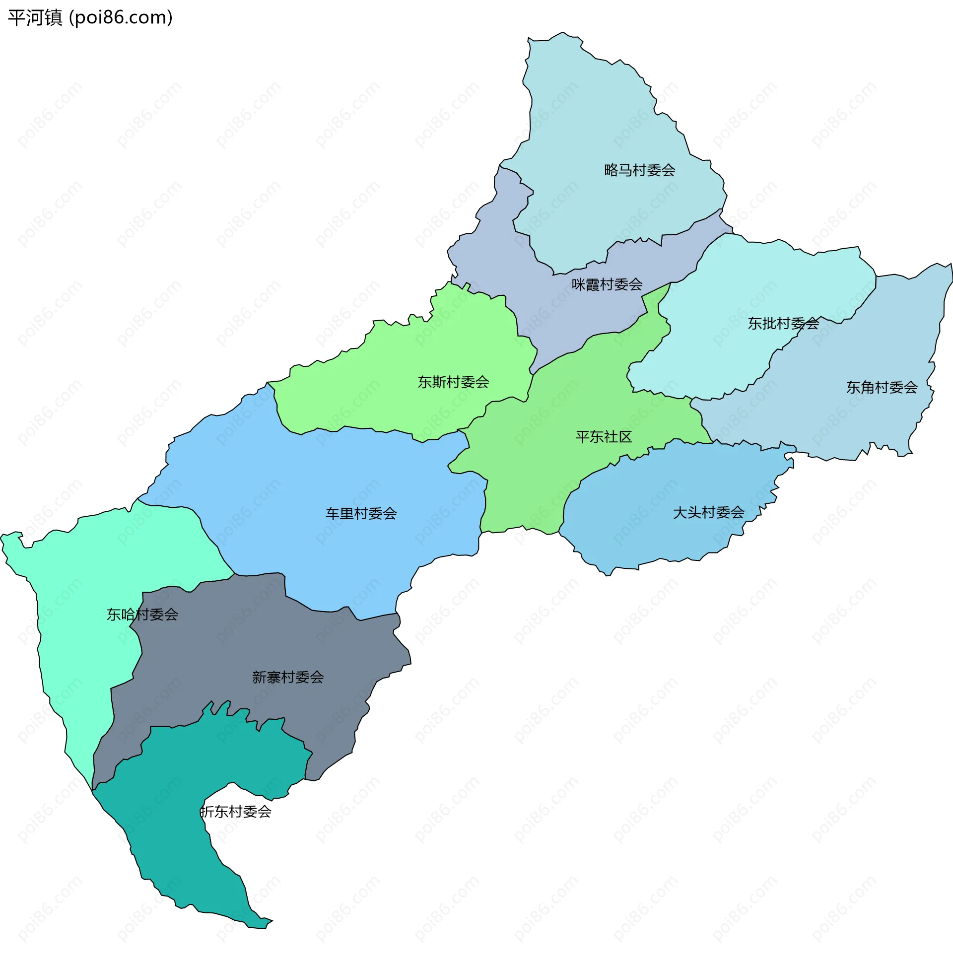 平河镇边界地图(五级行政区划)