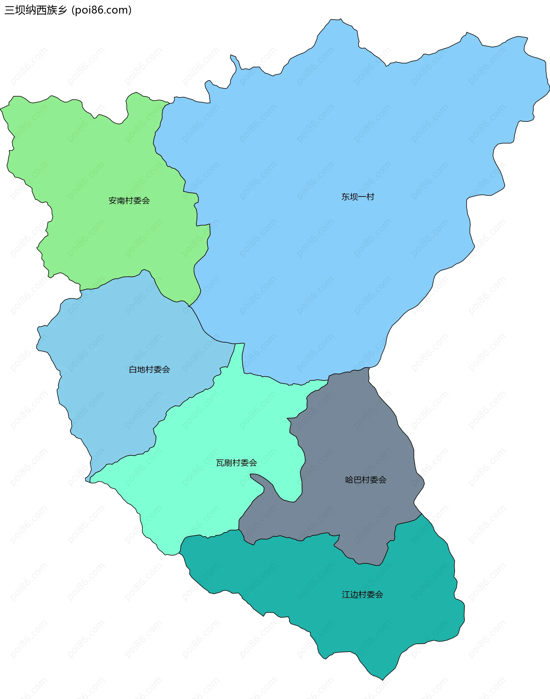 三坝纳西族乡边界地图(五级行政区划)