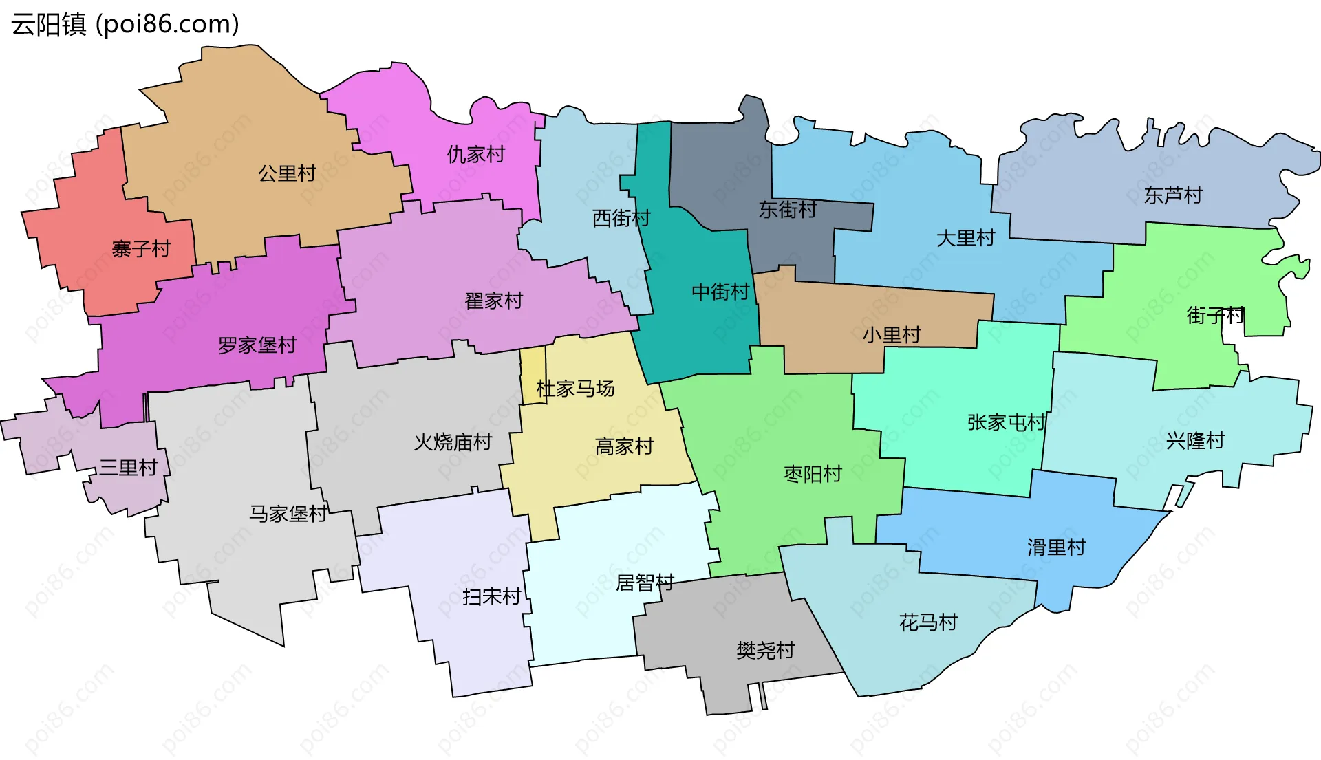 云阳镇边界地图(五级行政区划)