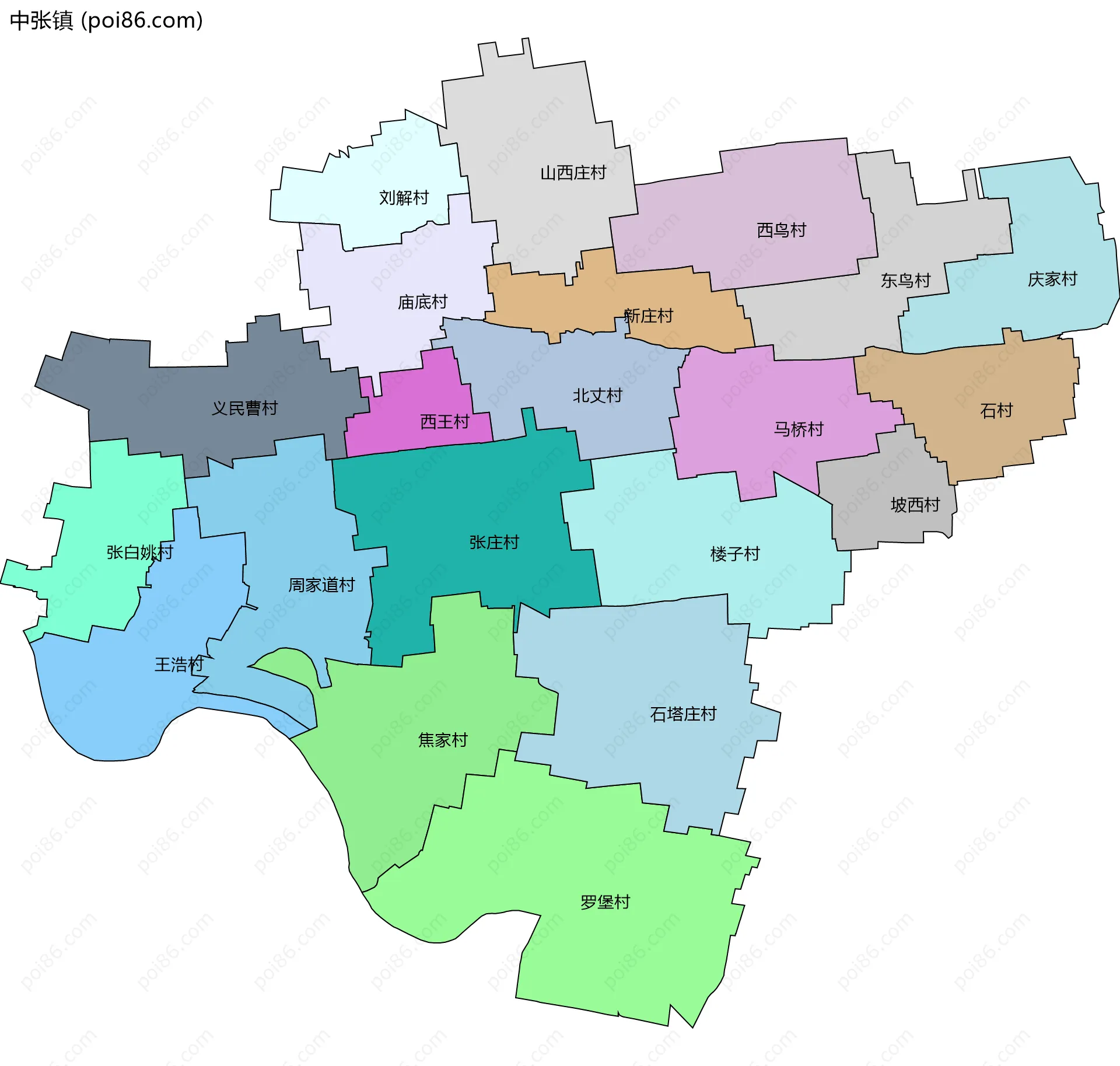 中张镇边界地图(五级行政区划)