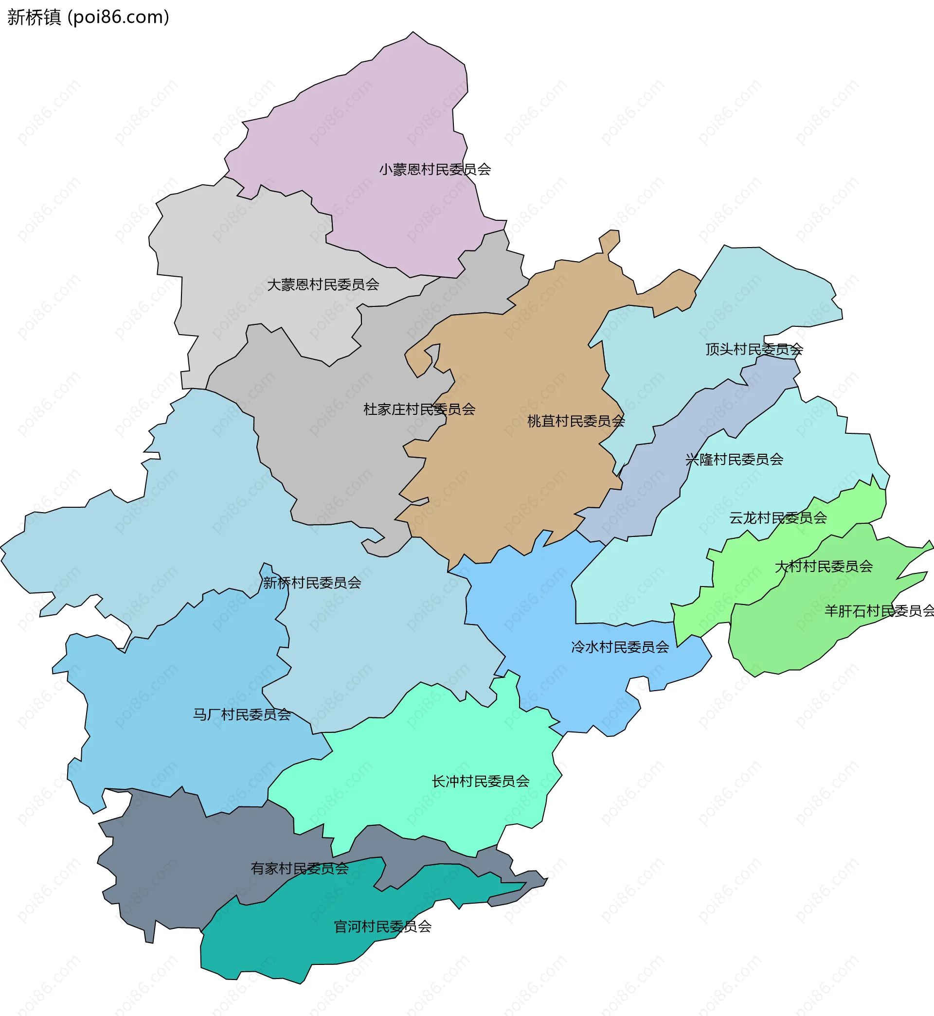 新桥镇边界地图(五级行政区划)