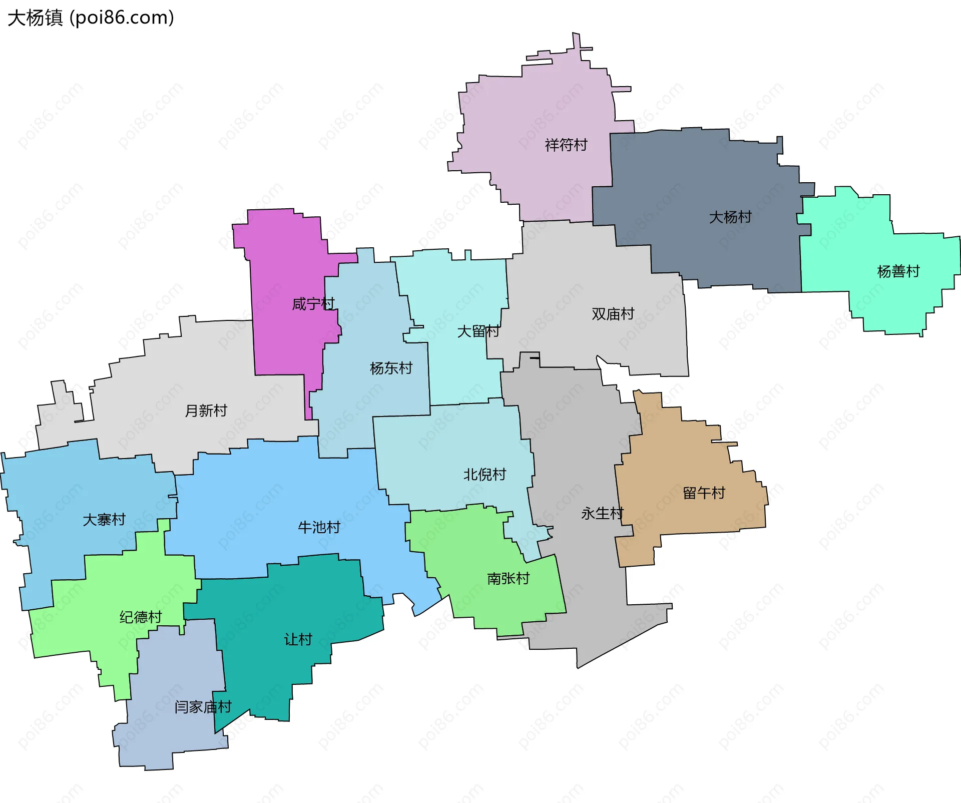 大杨镇边界地图(五级行政区划)