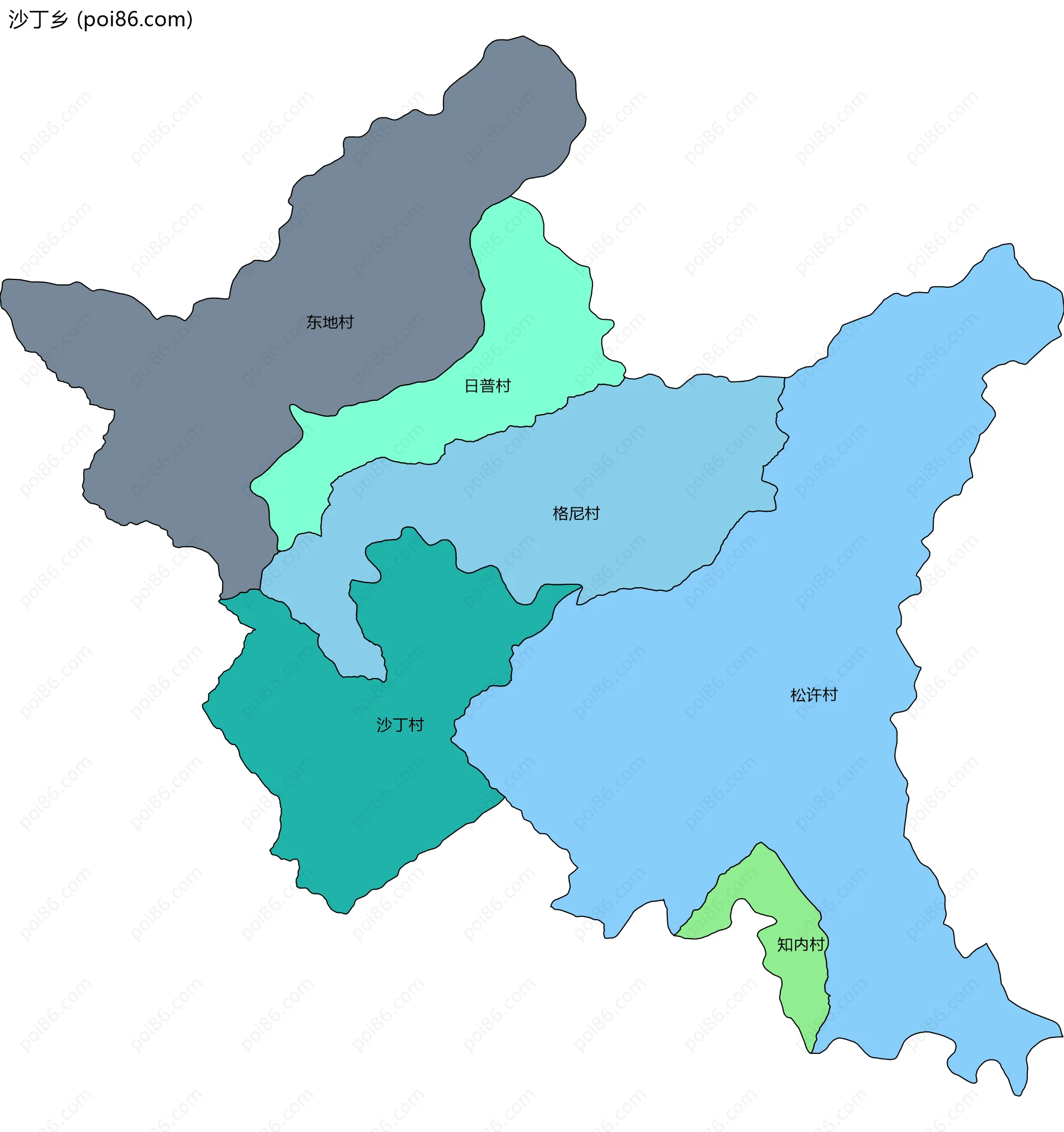沙丁乡边界地图(五级行政区划)
