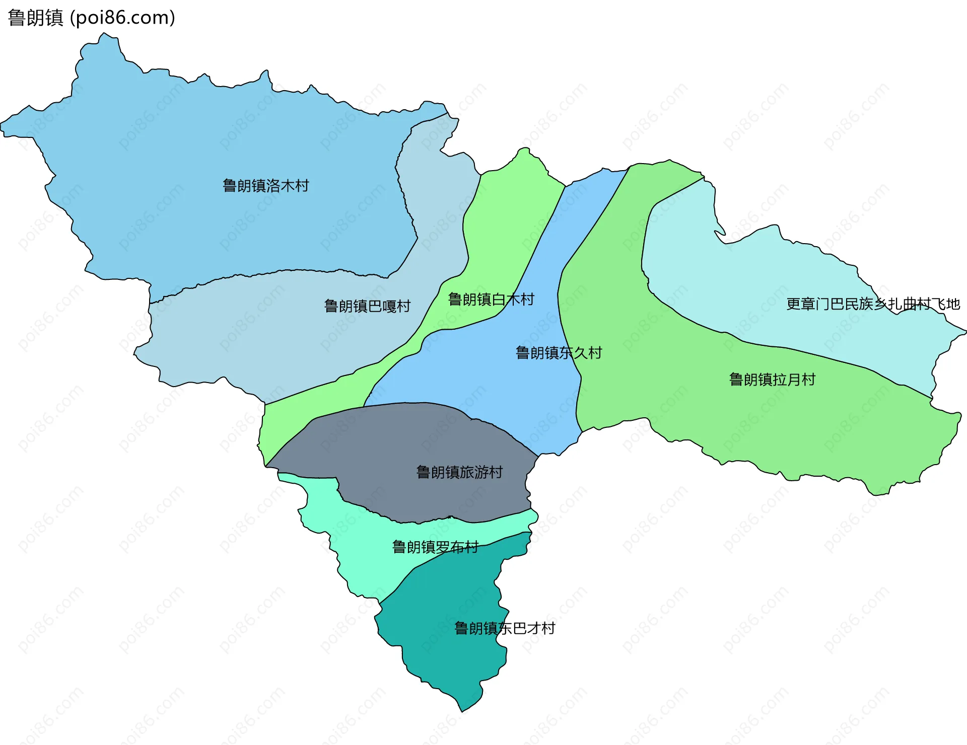 鲁朗镇边界地图(五级行政区划)