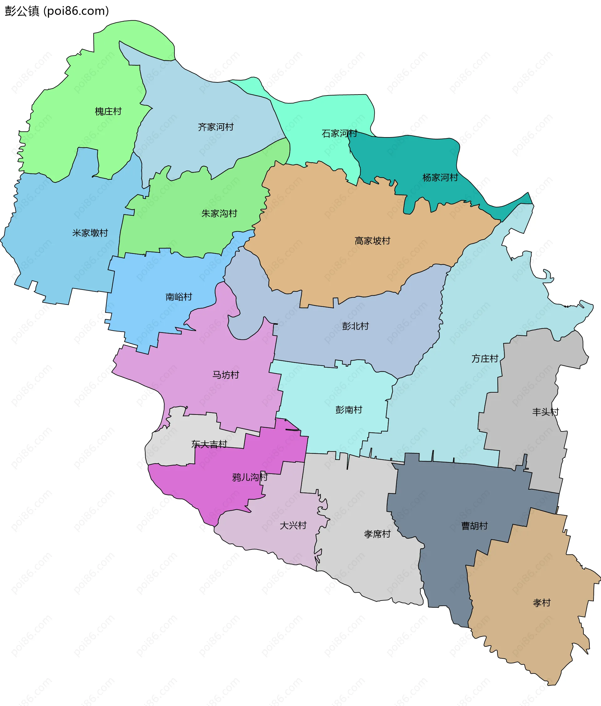 彭公镇边界地图(五级行政区划)