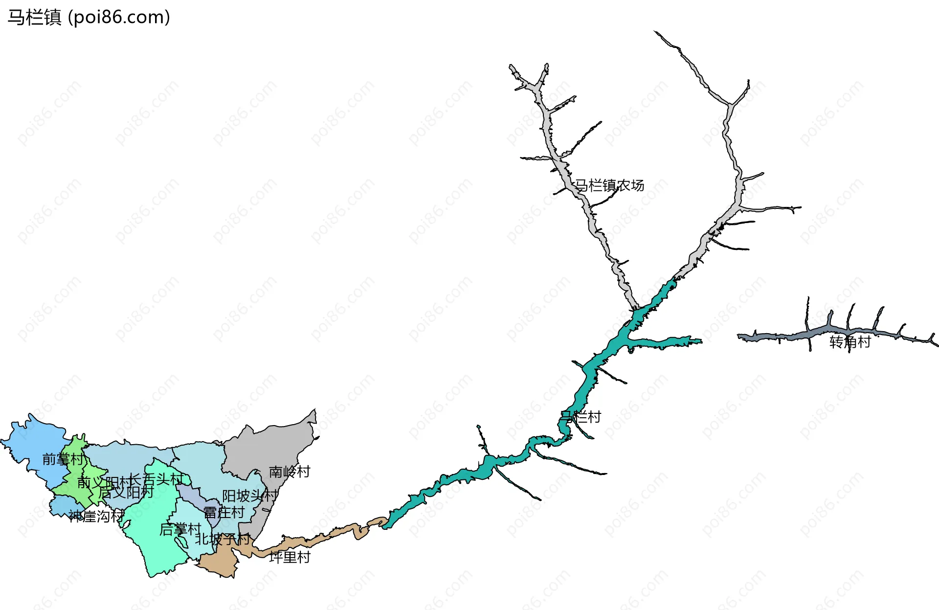 马栏镇边界地图(五级行政区划)