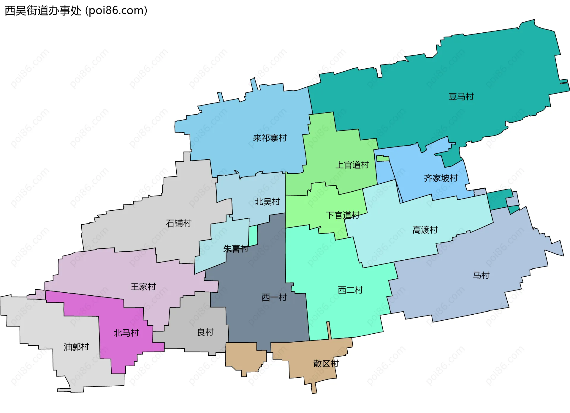 西吴街道办事处边界地图(五级行政区划)
