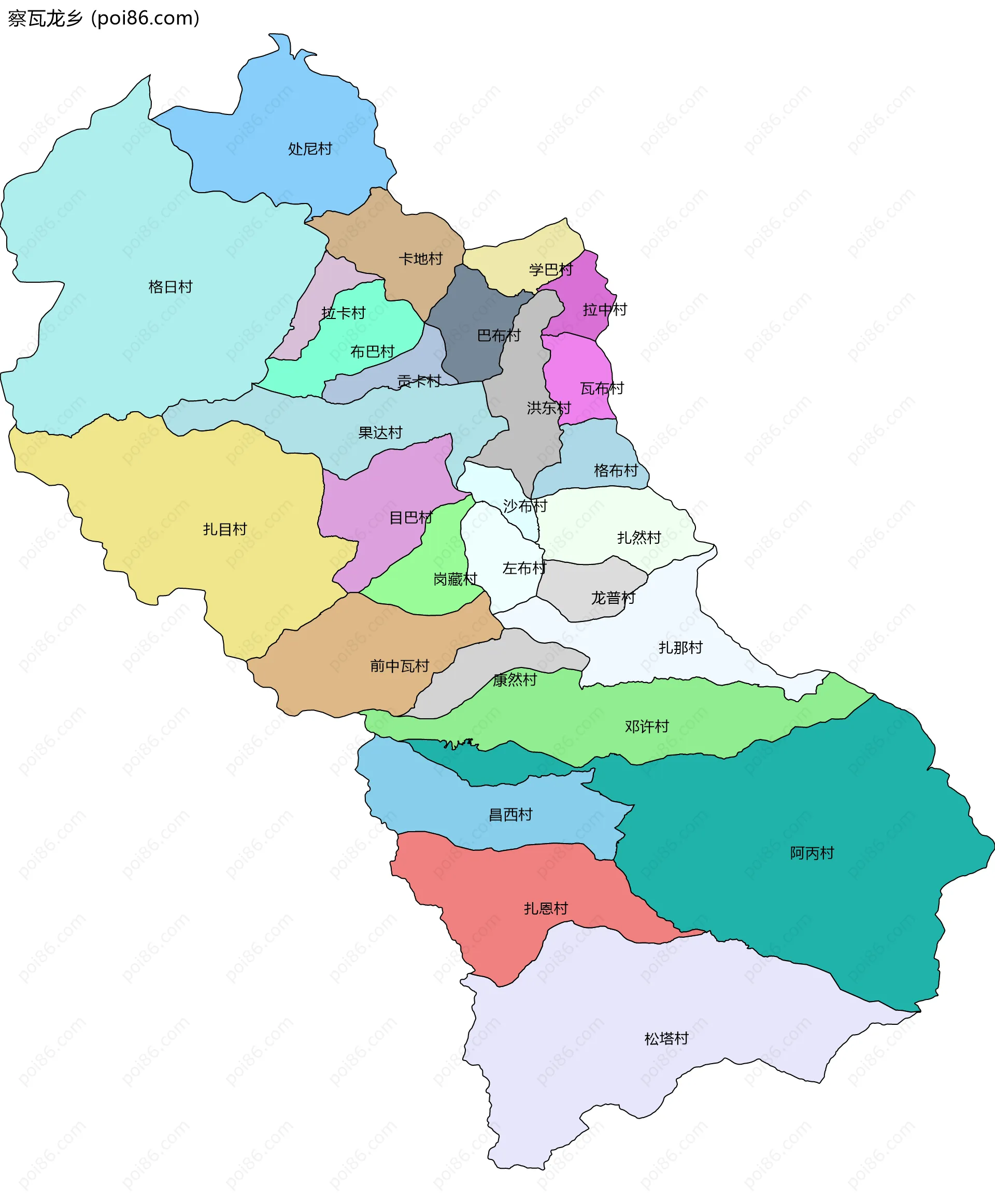 察瓦龙乡边界地图(五级行政区划)