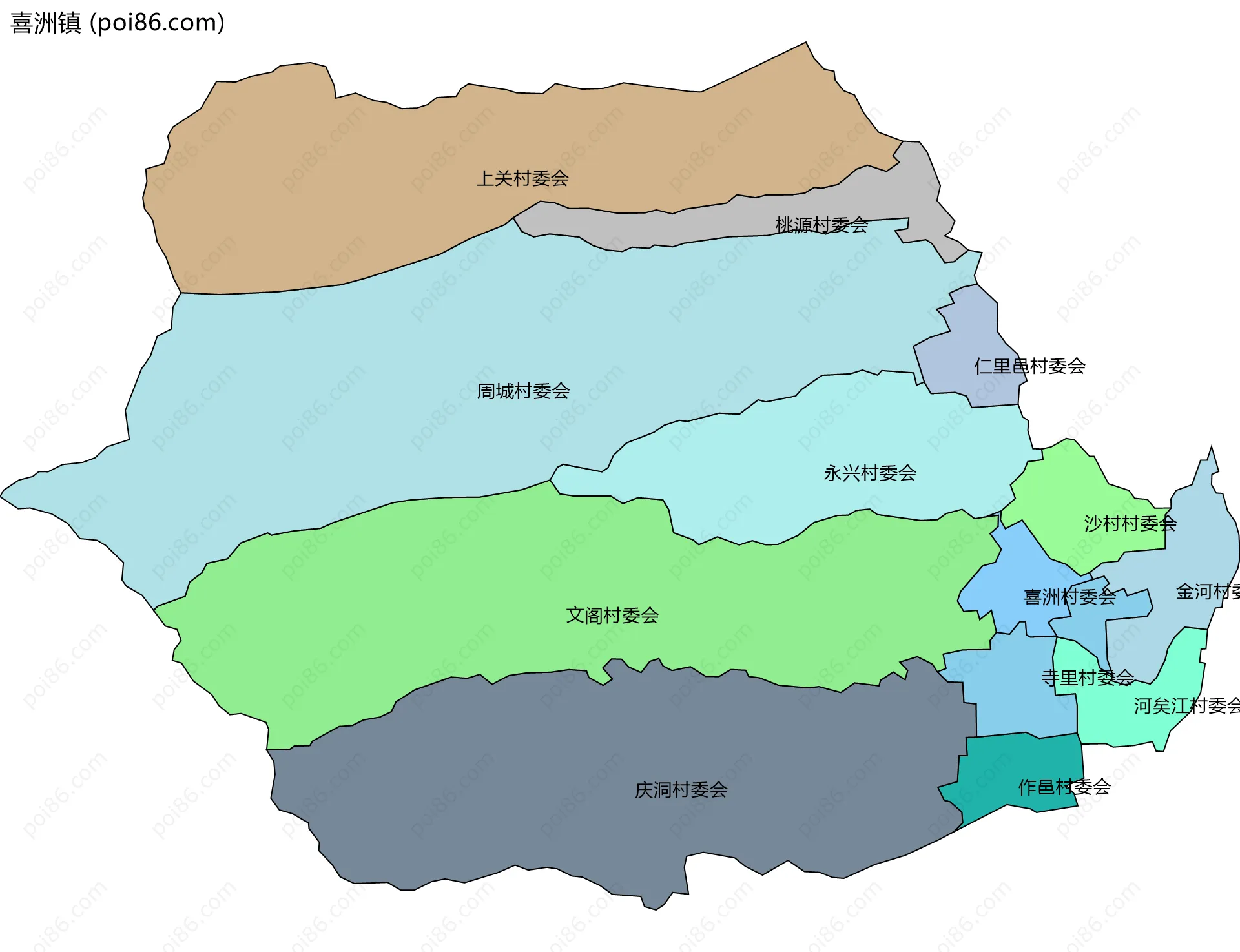 喜洲镇边界地图(五级行政区划)