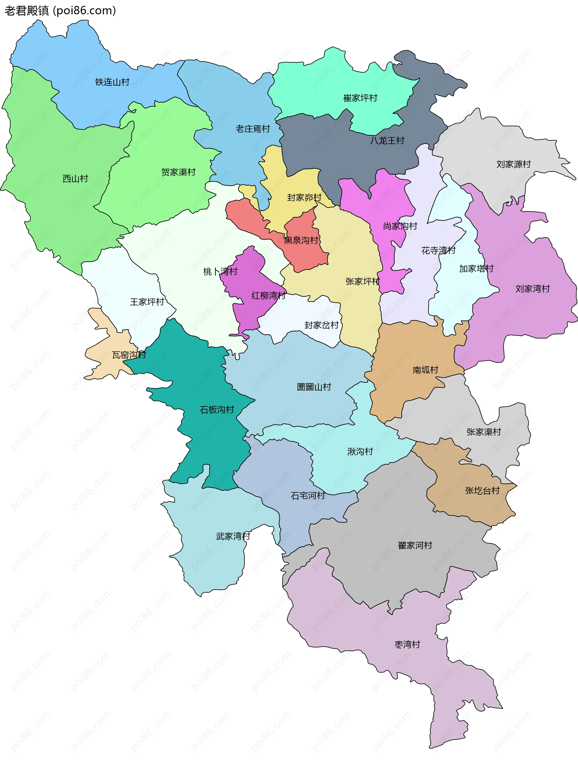 老君殿镇边界地图(五级行政区划)