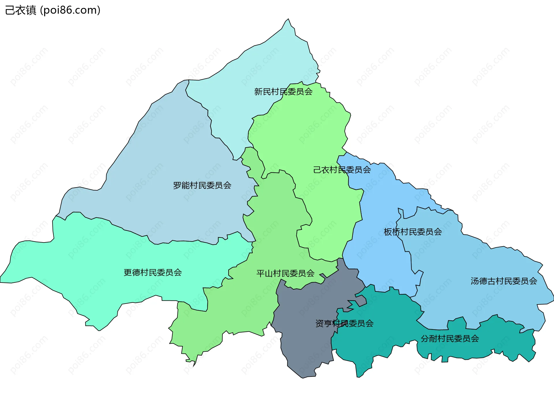 己衣镇边界地图(五级行政区划)